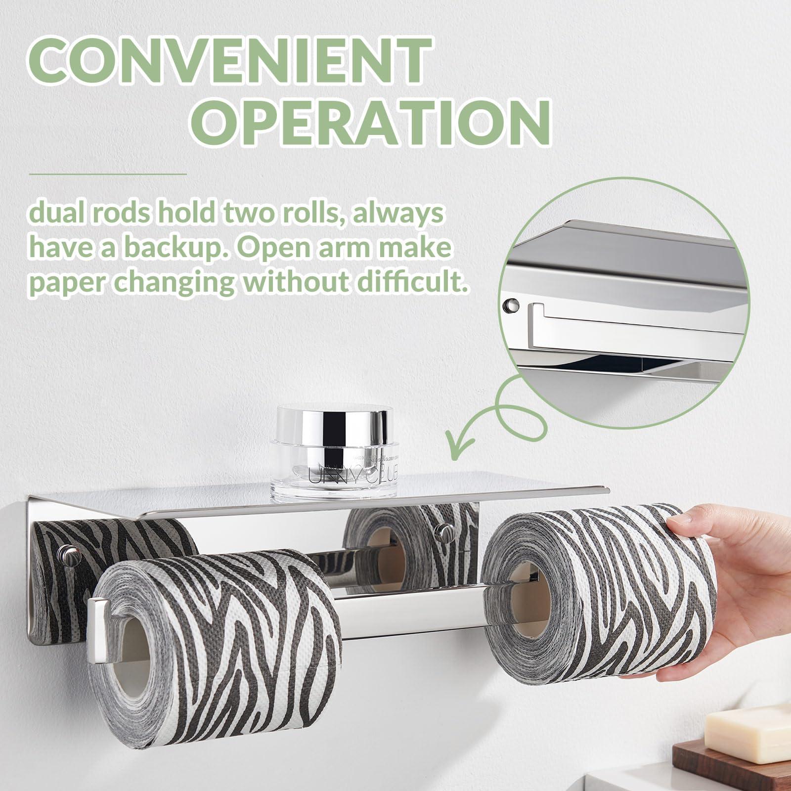 APLusee Double Toilet Paper Holder with Phone Shelf, 304 Stainless Steel Bathroom Tissue Hanger, Wall Mounted Dual Roll Paper Dispenser, Polished Chrome - Image 7