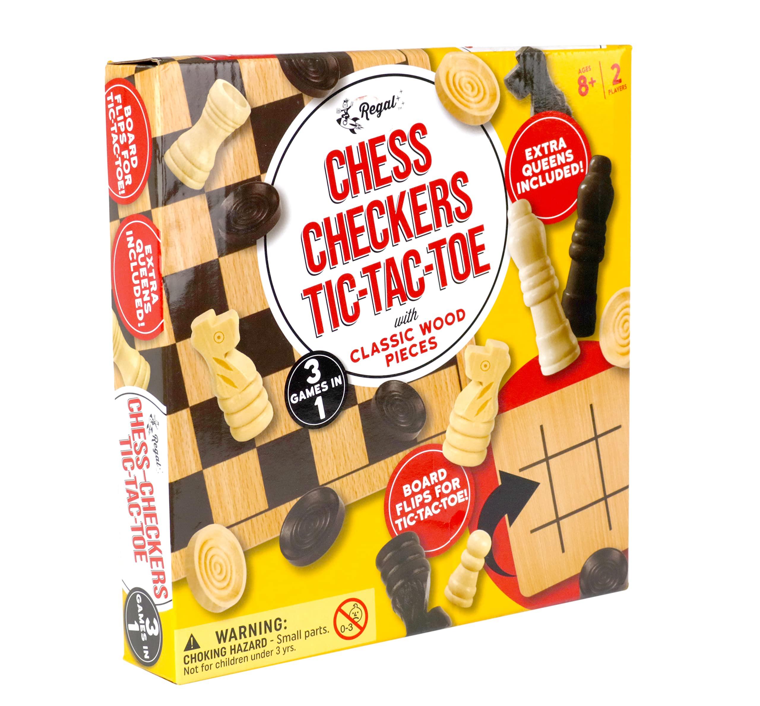 Regal Games - Reversible Wooden Board for Chess, Checkers & Tic-Tac-Toe - 24 Interlocking Wooden Checkers and 32 Standard Chess Pieces - for Age 8 to Adult for Family Fun - Image 4