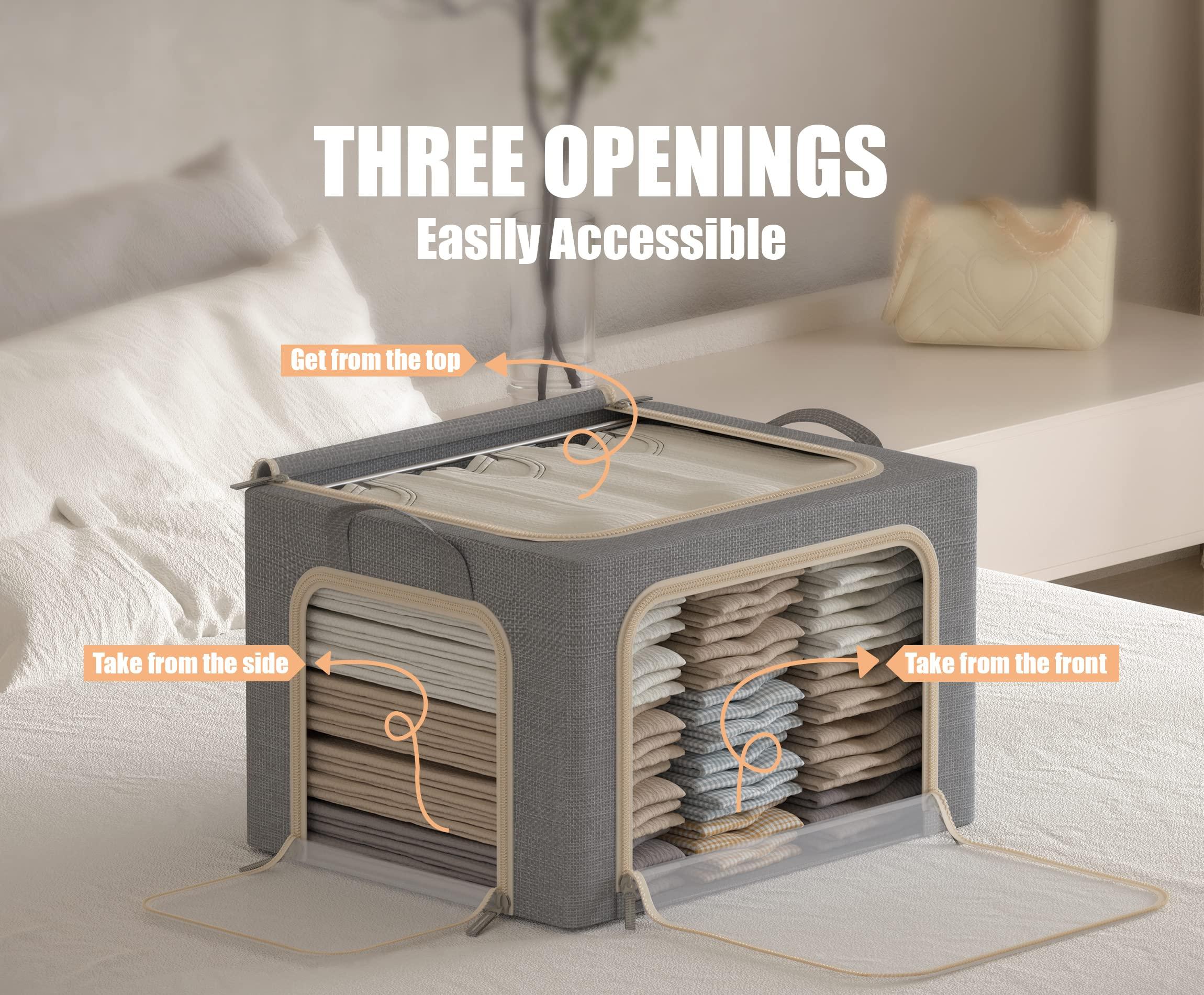 3 Openings Clothes Storage Bins with Metal Frame, Foldable Storage Bin for Clothes, Clothing Storage Bins with Lid, Linen Storage Box With Clear Window＆ Zippers＆ Durable Handles.(3 Pcs,Light Grey,40L) - Image 4