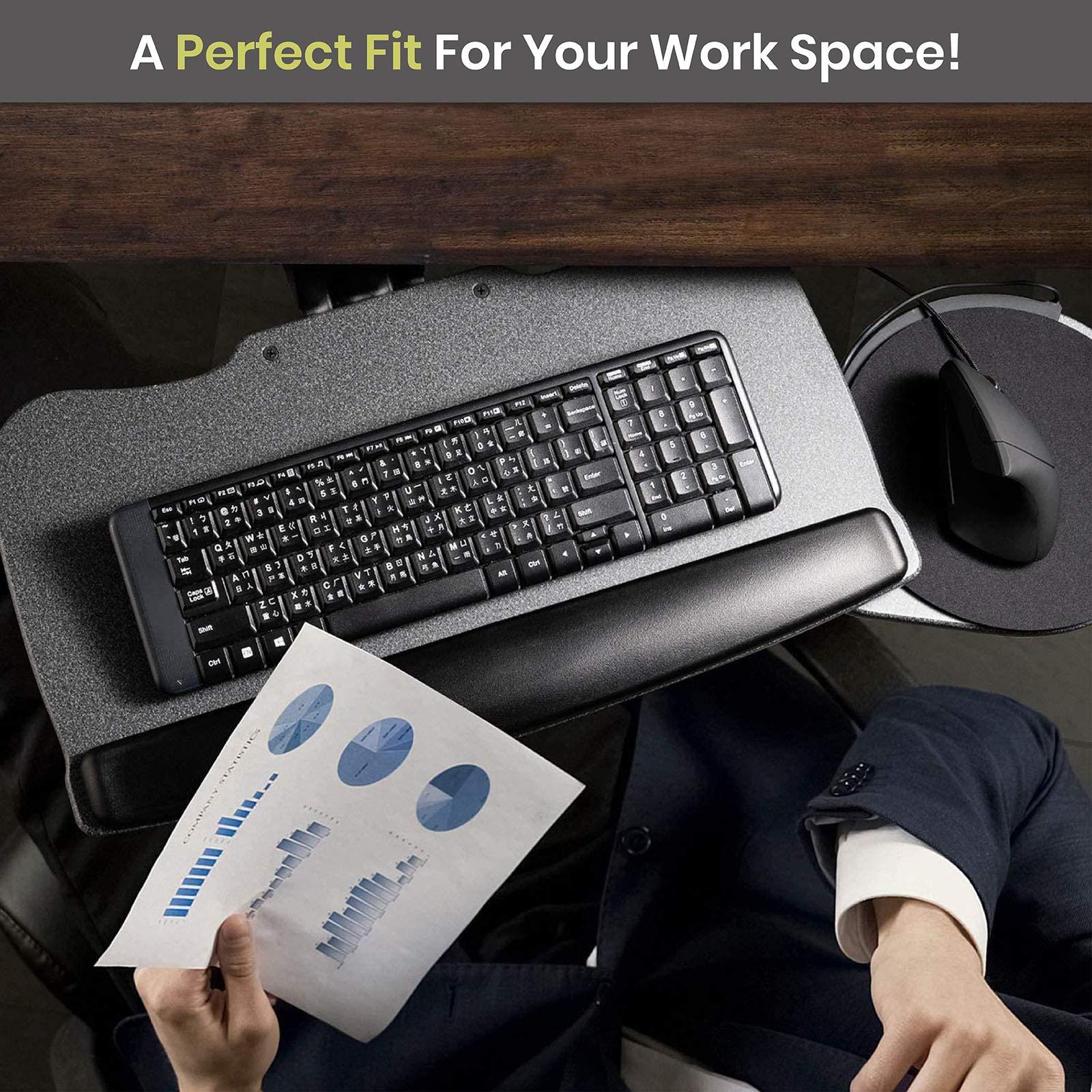 FERSGO Under Desk Keyboard Tray, 20" x 11" Tray, 17.75" Track, One Knob Control, Undermount Sliding Computer Keyboard and Mouse Tray with Wrist Rest, Swivels 360° with Adjustable Height and ±15° Tilt - Image 8