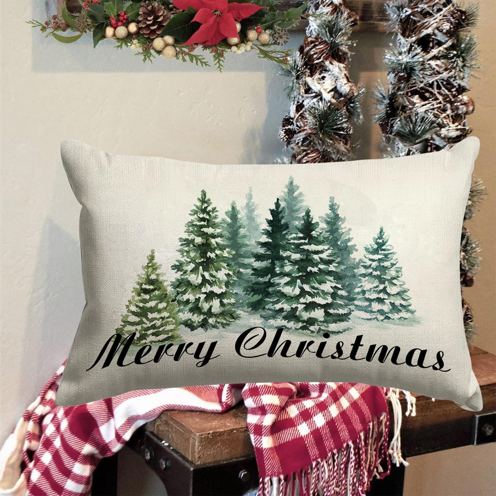 GOOESING Merry Christmas Pillow Covers 16x24 Inch Watercolor Green Christmas Tree Nature Forest Linen Decorative Throw Pillow Cover Cushion Case for Indoor Outdoor Home Sofa Bedroom Living Room - Image 2