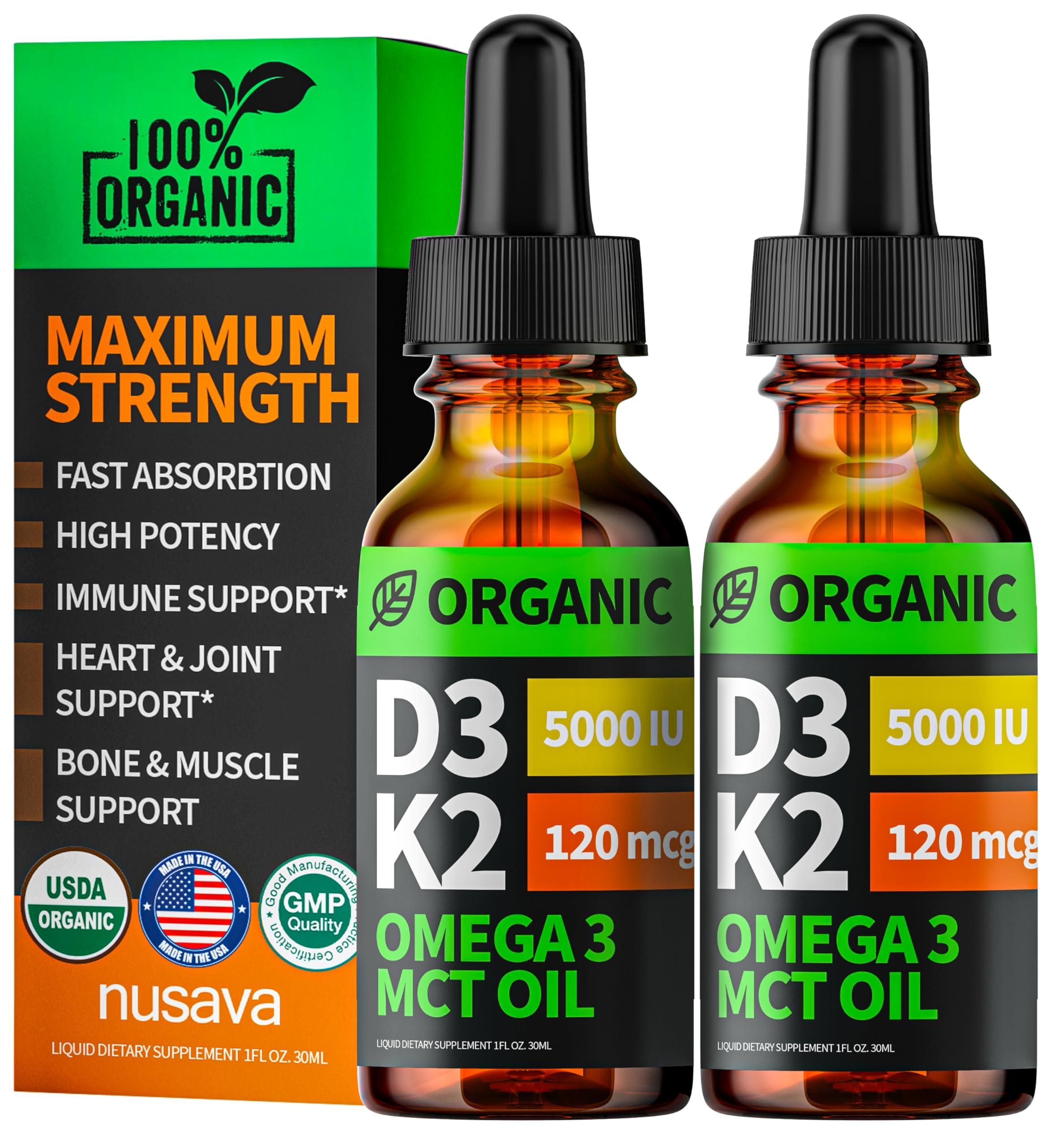 (2 Pack) Organic Vitamin D3 K2 Drops with MCT Oil, Omega 3, 5000 IU - Vitamin D Liquid, No Fillers, Non-GMO D3 for Body’s Defenses and Faster Absorption, Unflavored, 2 Fl Oz
