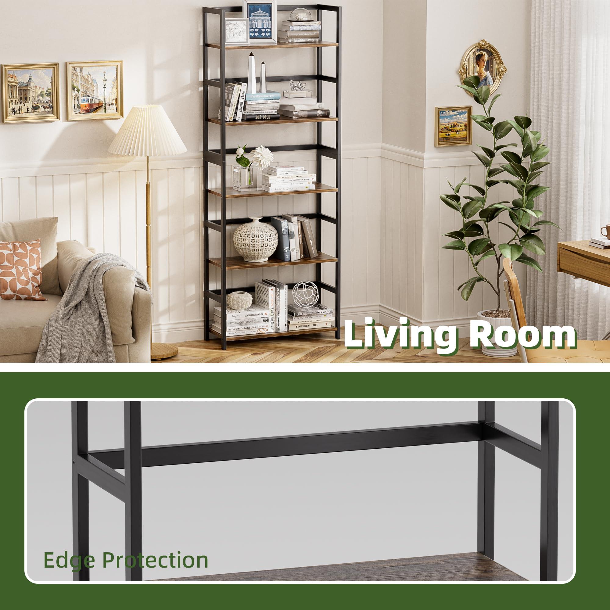 vovala 5-Tier Bookshelf, Industrial Bookcase with Bamboo Frame, Modern Display Standing Shelf Unit, Tall Wood Storage Organizer for Living Room, Home Office, Rustic Brown - Image 6
