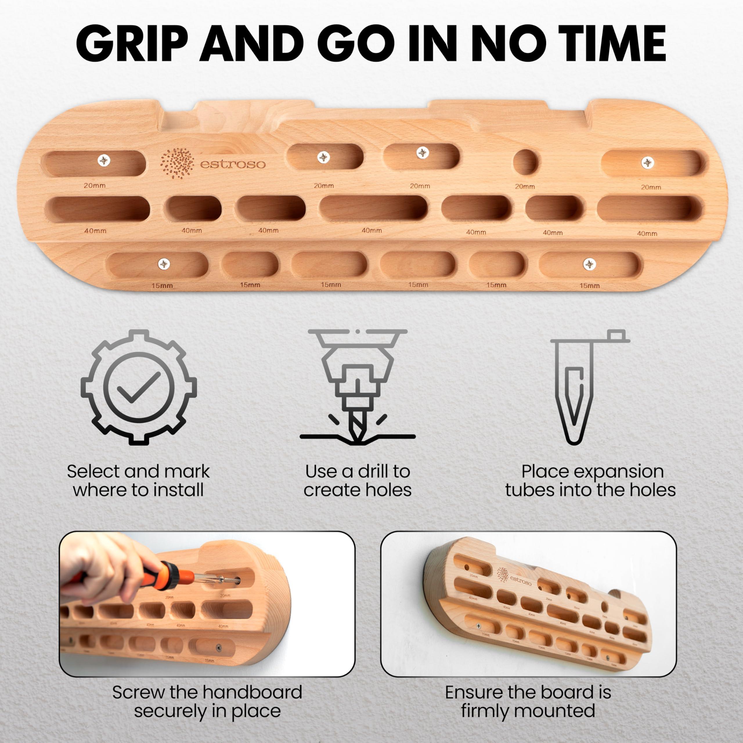 ESTROSO Wooden Hangboard - Training Hang Board with Adjustable Grip Depths, Grip Strengthener, Forearm Exerciser, Pull Ups - Climbing Fingerboard with Installation Kit - Image 4