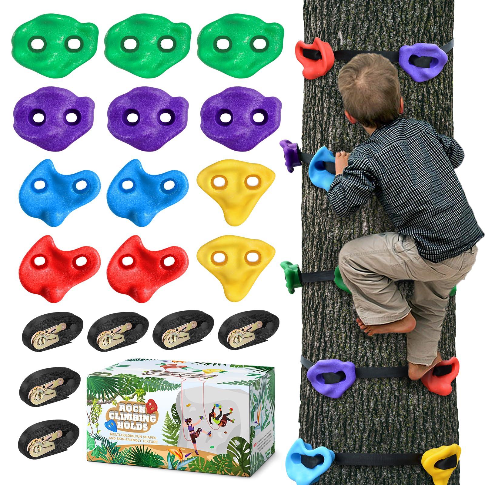 TOPNEW 12 Ninja Tree Climbing Holds for Kids Climber, Adult Climbing Rocks with 6 Ratchet Straps for Outdoor Ninja Warrior Obstacle Course Training