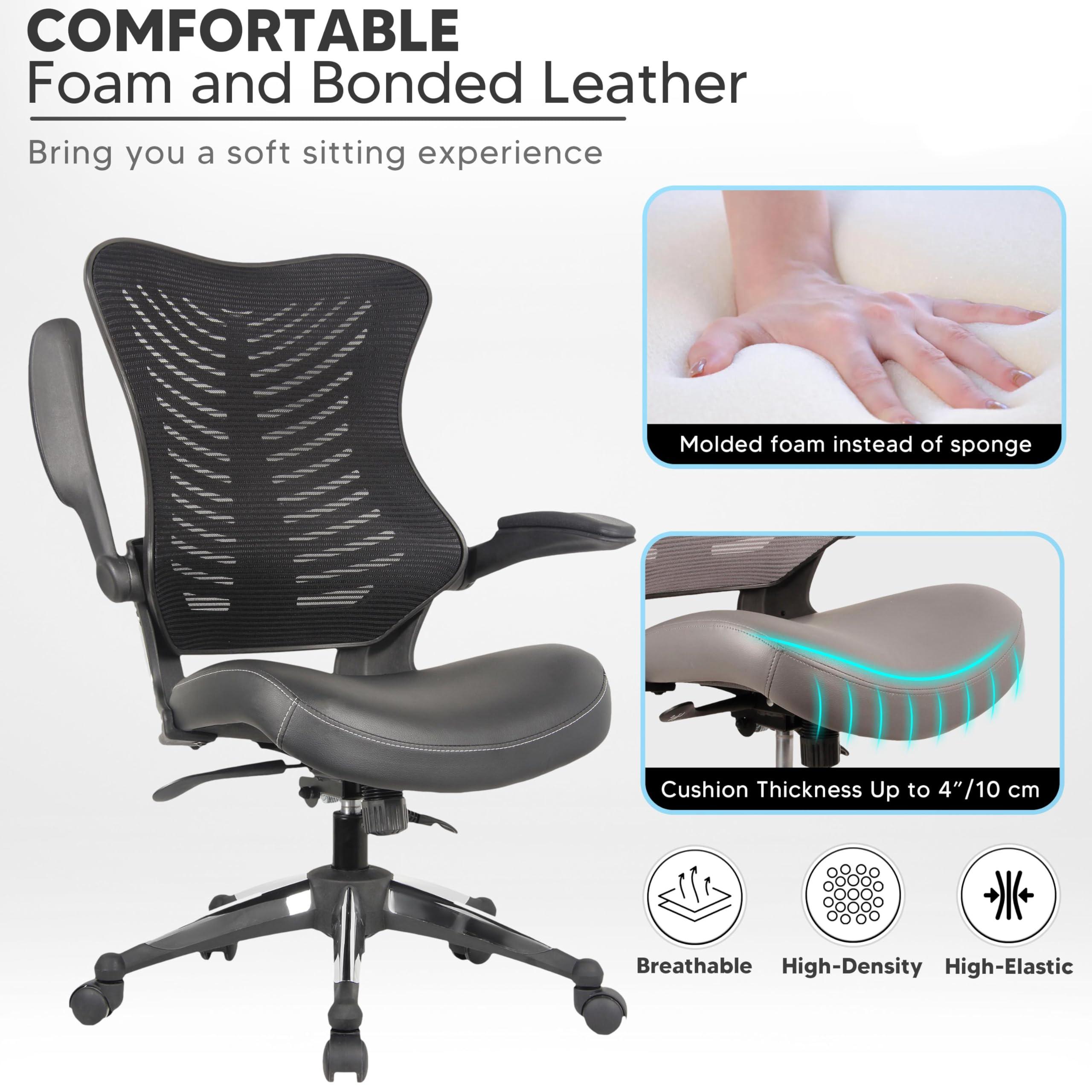 OfficeFactor Executive Ergonomic Computer Office Chair Back Mesh Bonded Leather Seat Flip-up Arms Lumbar Support Molded Foam Seat Adjustable Height Home Office Desk Chair (Black) - Image 4