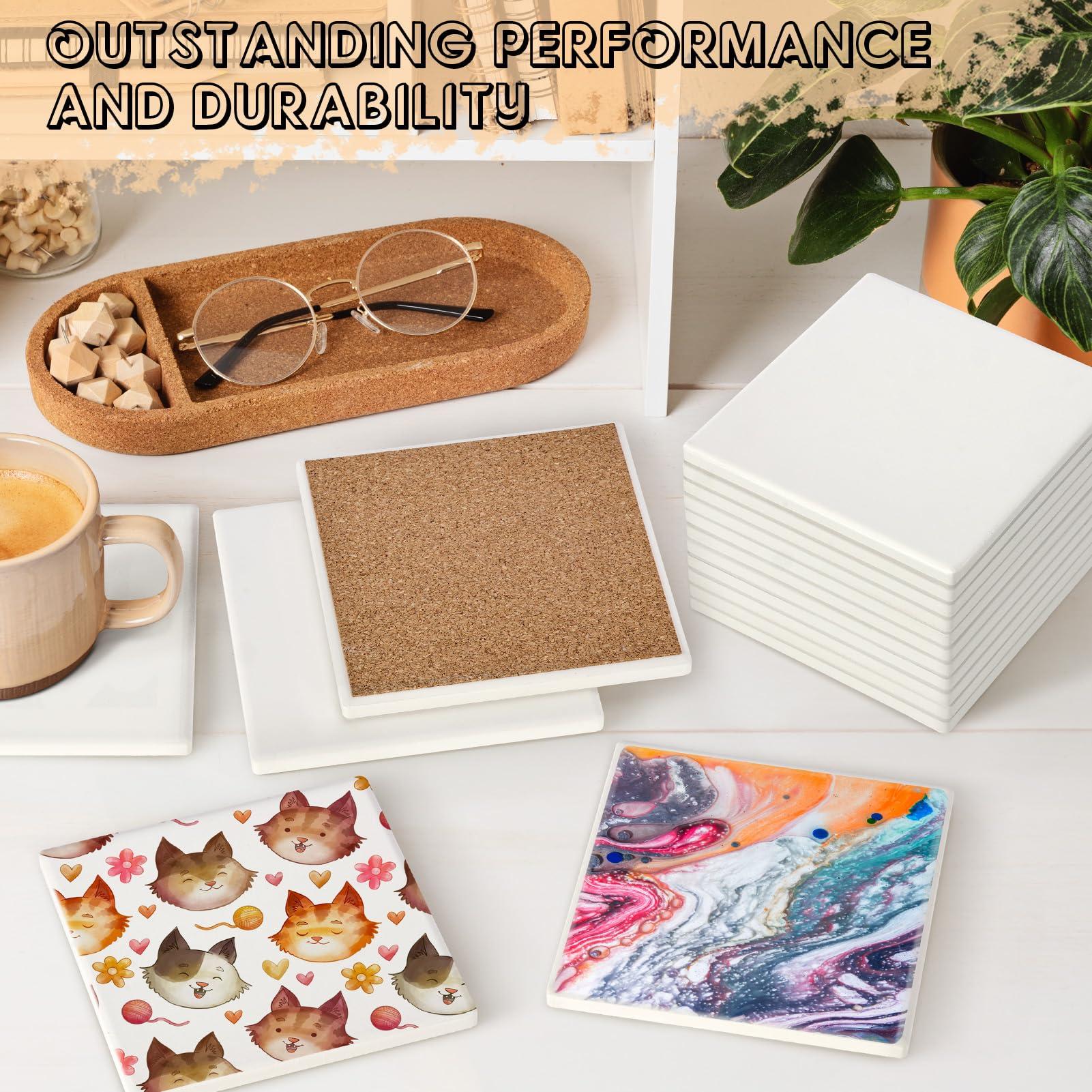 Ceramic Tiles for Crafts, GOH DODD 24 Pack Unglazed Blank Coasters with Cork Backing for Alcohol Ink Painting Acrylic Pouring Art Projects Housewarming Gifts Wedding School, Square, 4 Inch, White - Image 2