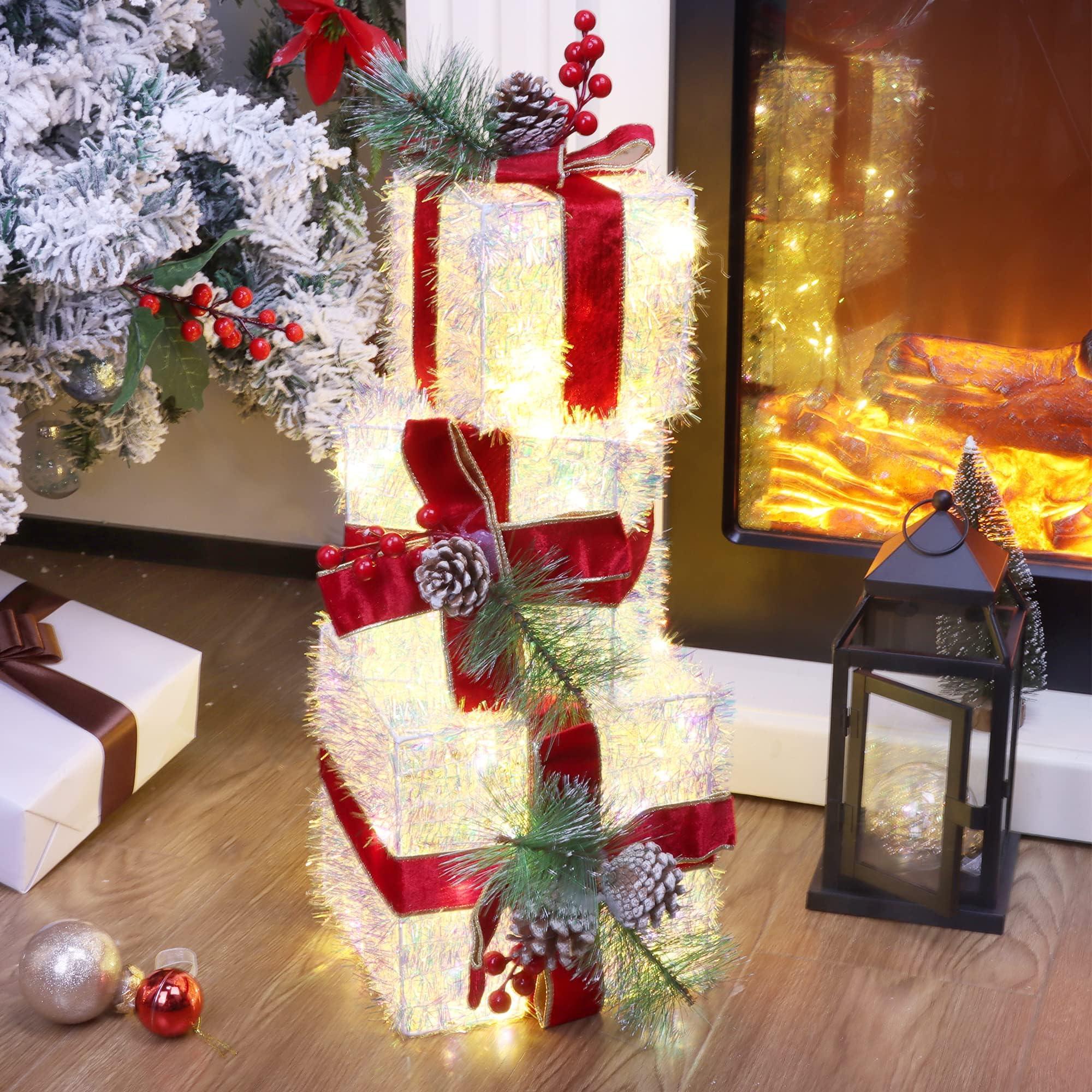 Fulong's Opulent Christmas Lighted Gift Boxes Decor Set of Three Pre-lit LED Presents | Warm White Garden, Porch, Room Decor & Tree Skirt Ornaments | Indoor 60 Lights Set - Image 4