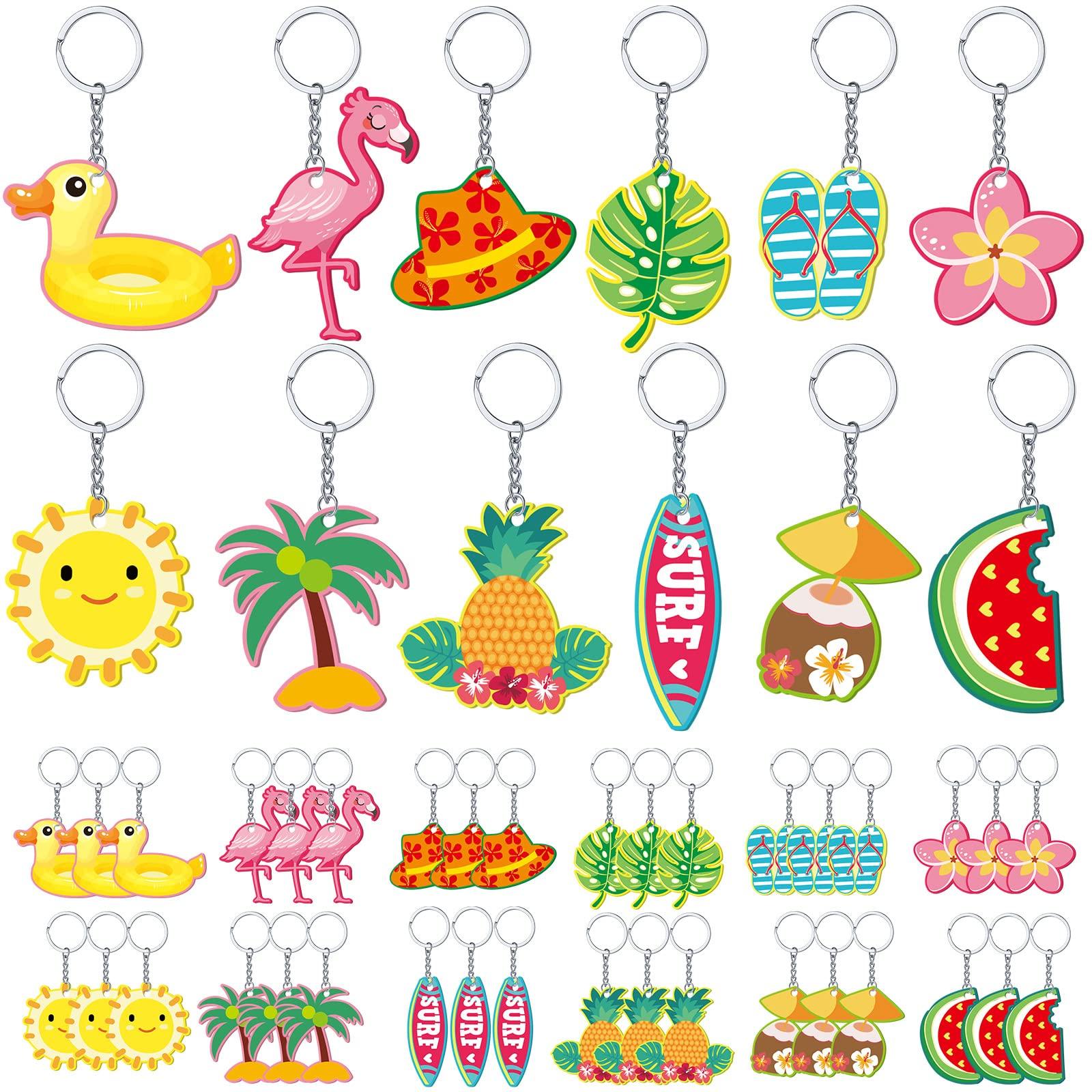 Janmercy 36 Pieces Hawaiian Luau Party Favors Summer Flamingo Pineapple Beach Keychain Tropical Hawaiian Key Ring for Kids Summer Theme Luau Key Ring Party Favor Supplies, 12 Styles (Lovely)