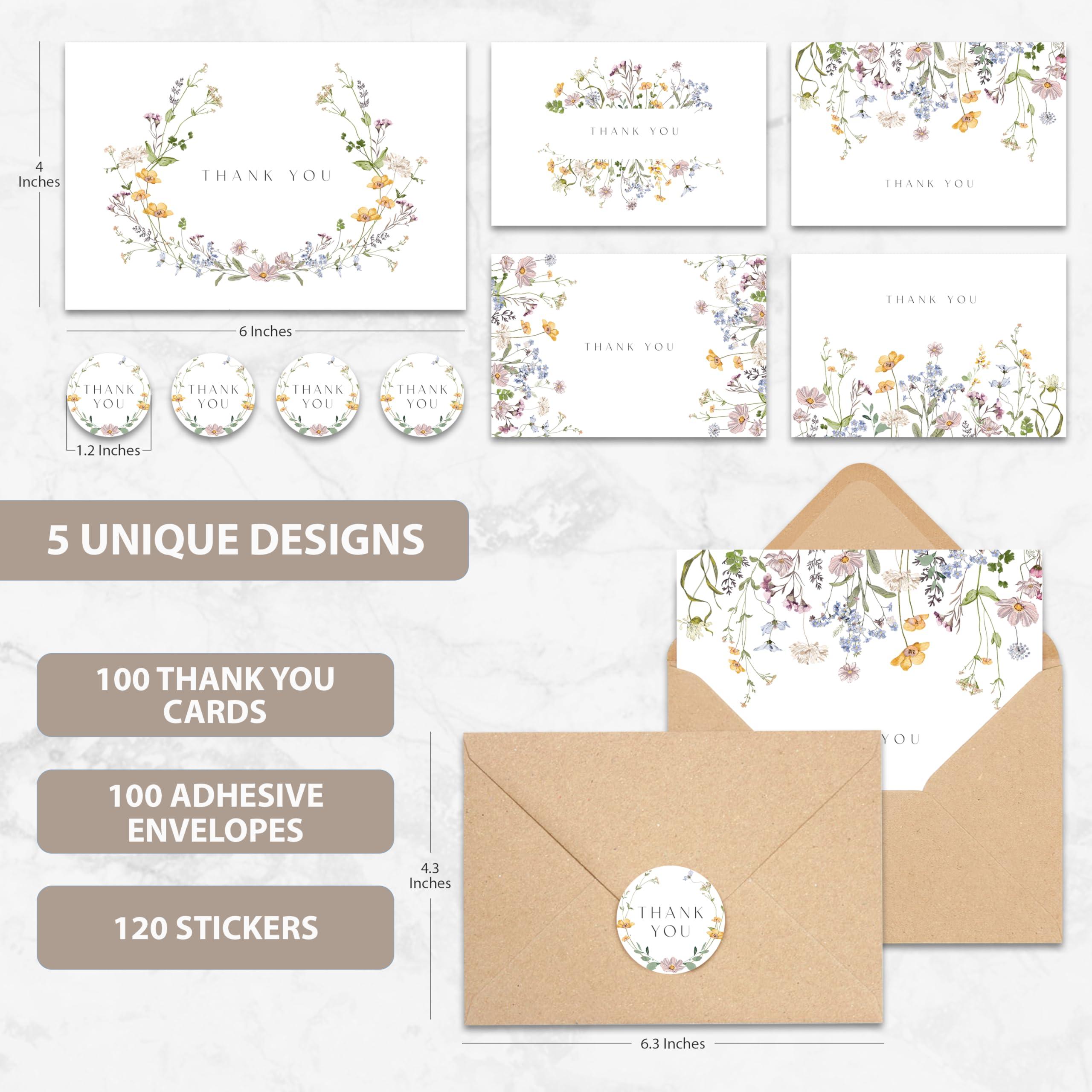 AUDREE Floral Thank You Cards with Envelopes (bulk 100-4x6) - Wildflower Thank You Cards with Envelope and Stickers - Greeting Notes with Envelopes Set for Wedding, Bridal Showers, Baby Showers - Image 3
