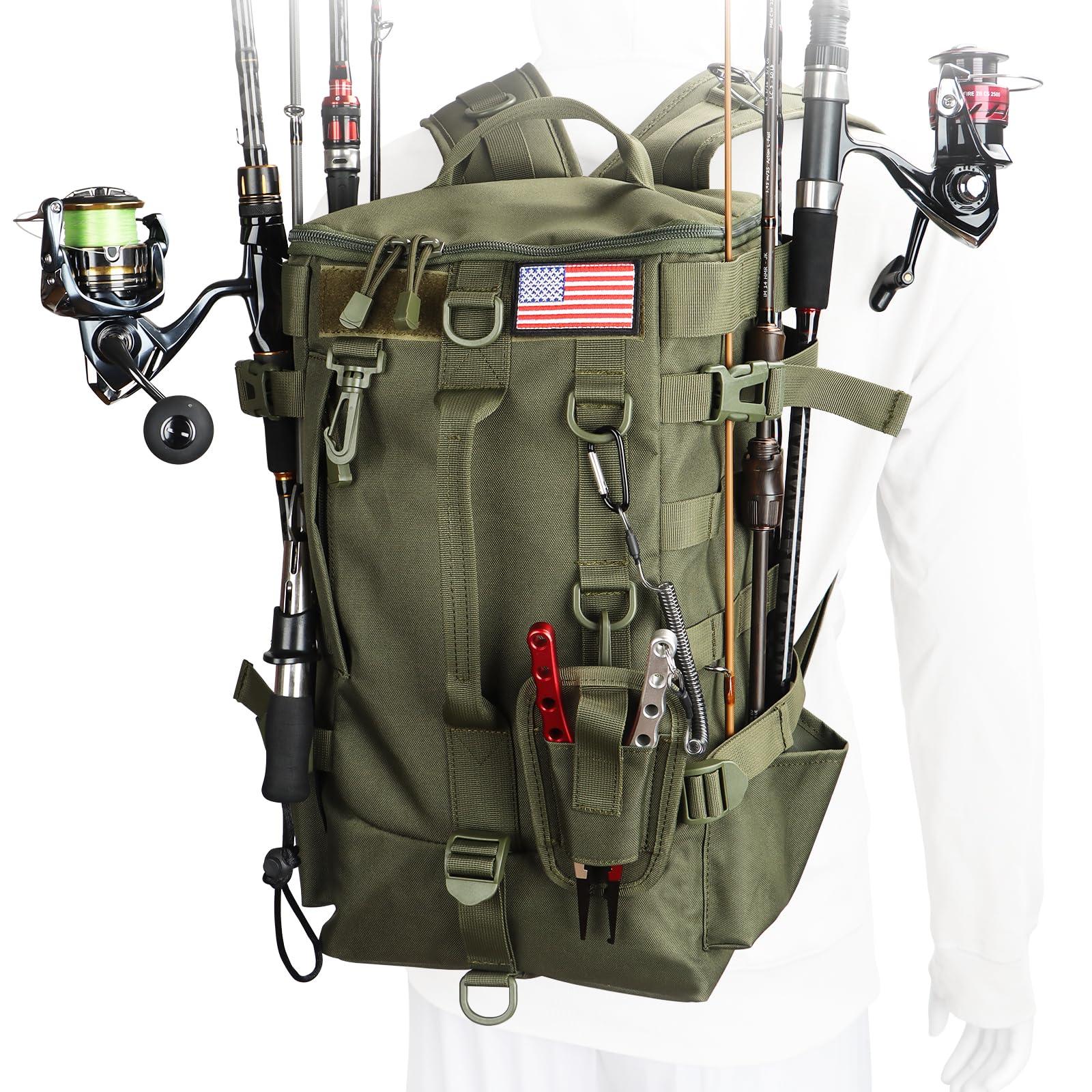 MoiShow Fishing Tackle Bag with Rod Holders, Large Storage, Tackle Box Backpack for Carrying Fishing Gear and Equipment, Gifts for Men, RBG02