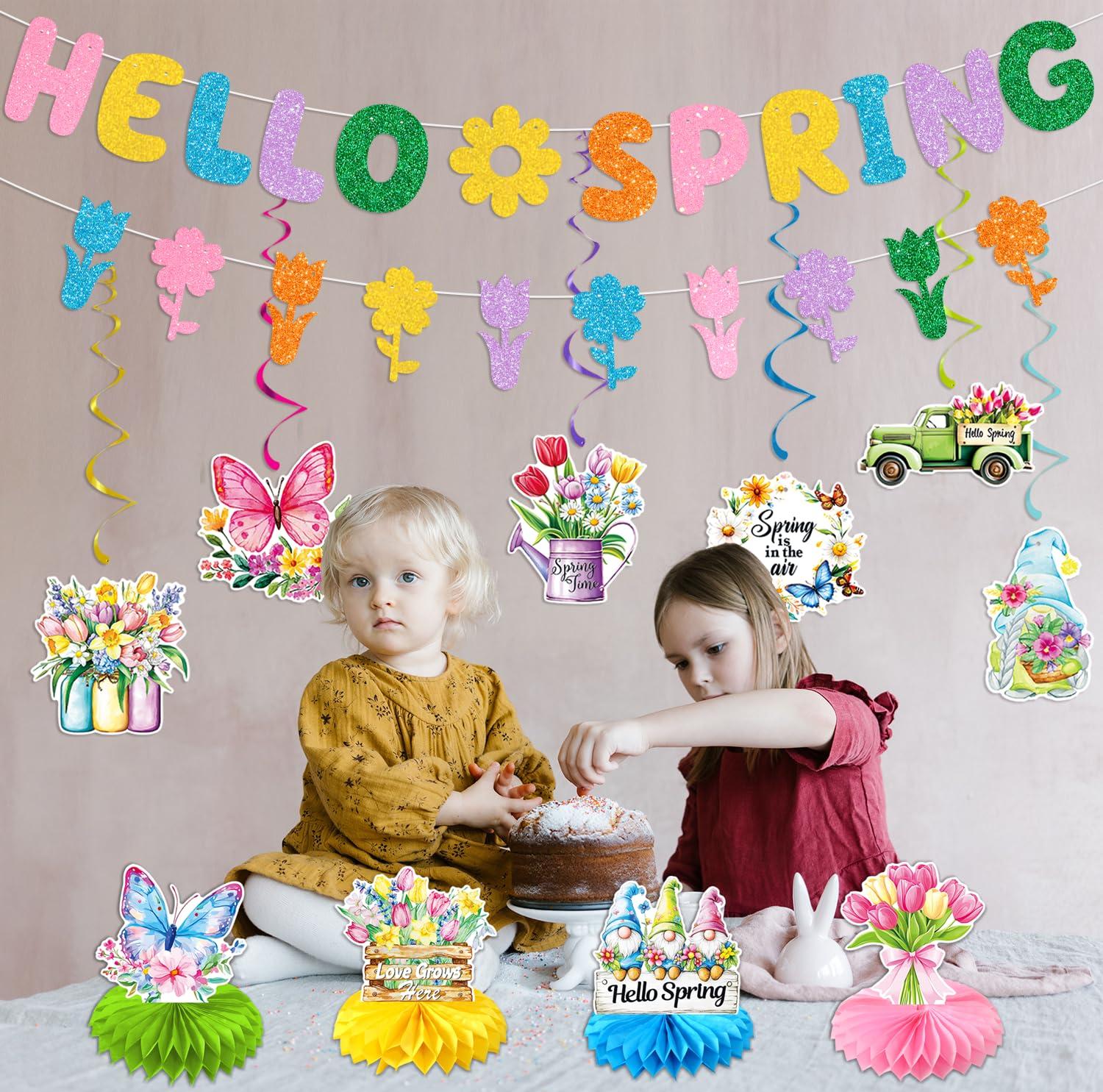 JKQ Colorful Glittery Hello Spring Banner Banner Spring Hanging Swirls Decorations Spring Honeycomb Centerpieces Decorations Spring Easter Tulip Flowers Party Banner for Ceiling Table Hanging Decors - Image 5