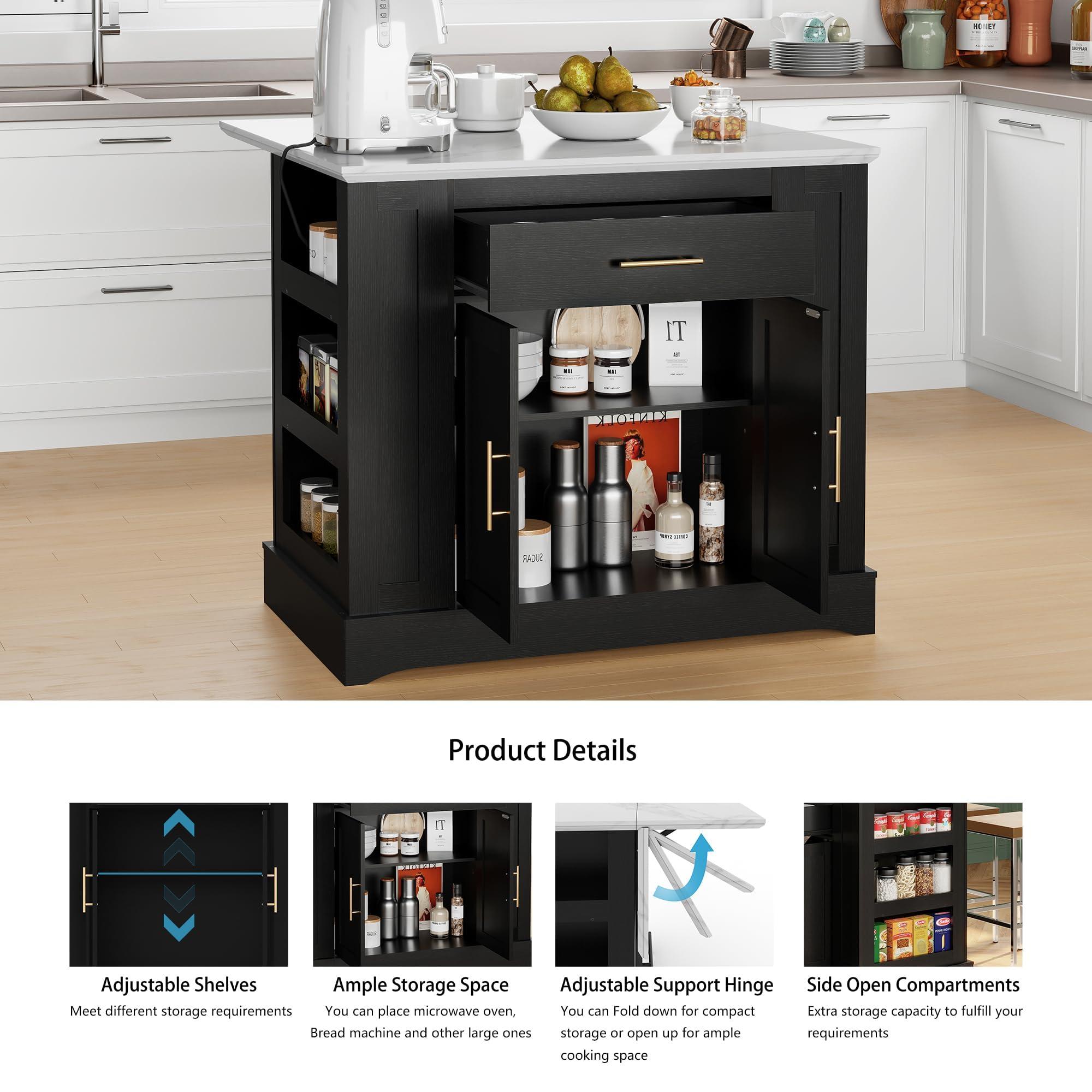 FUSUNBAO Large Kitchen Island with Storage & Power Outlet, Drawer, Adjustable Shelves, Side Open Compartments, and Drop Leaf,Island Table for Kitchen with Footrest,Black - Image 5