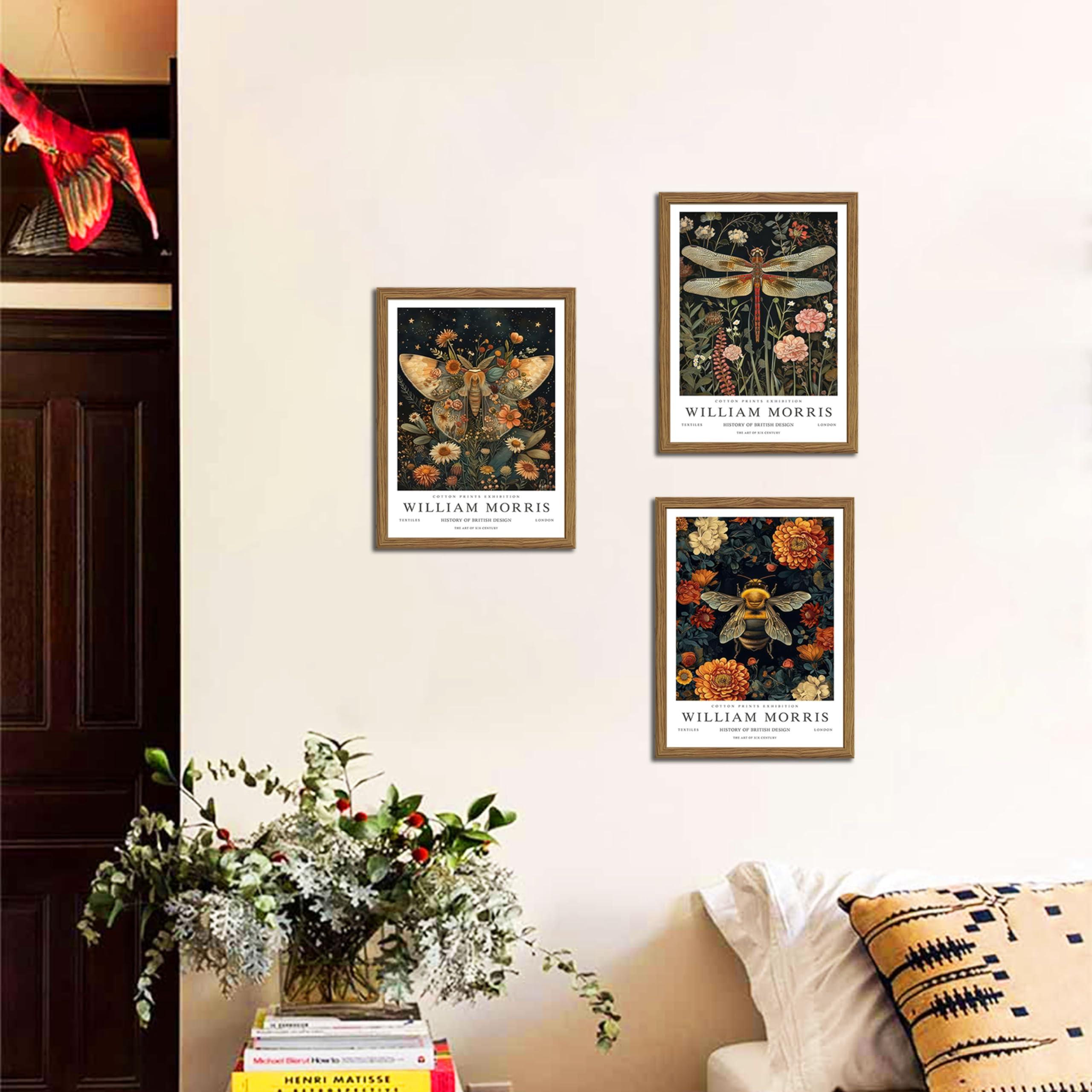 Wood Frame William Morris Wall Art Set of 3, Vintage Animal Bee Butterfly Dragonfly Posters Prints, Botanical Nature Flower Canvas Wall Decor Paintings for Living Room Bedroom Bathroom 12x16In Framed - Image 9