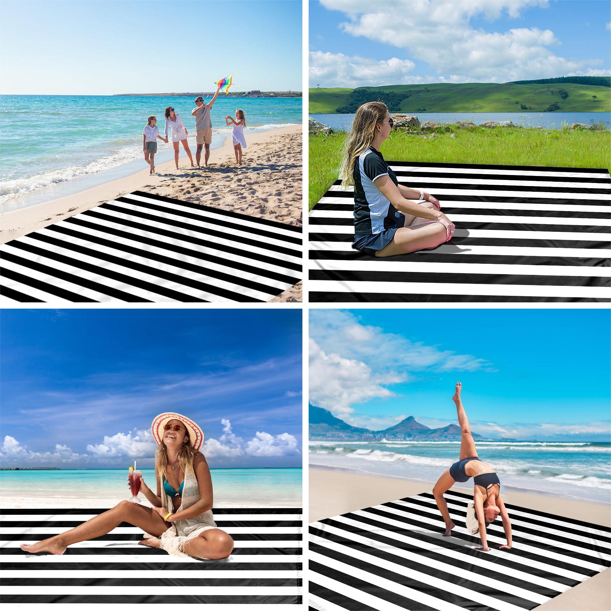 Large Beach Blanket, Black & White Stripe Beach Mat Sand Free Waterproof, Polyester Picnic Blankets Sandproof Stainproof Oversized 9 Ft X 10 Ft for 8 Adults, Beach Essentials Accessories - Image 5