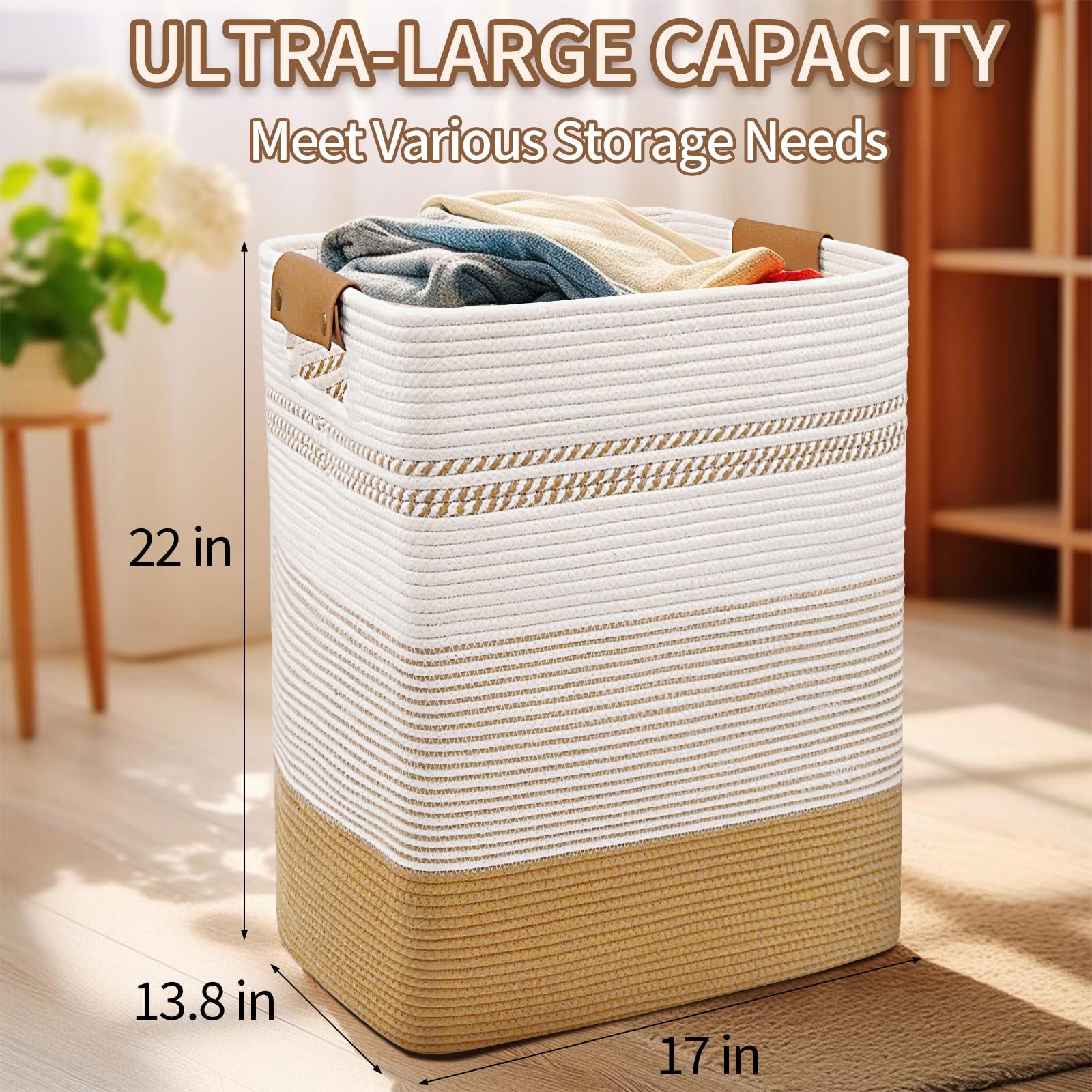 DOFASAYI Laundry Hamper - 85L Large Laundry Basket with Leather Handles, Decorative Storage Basket for Blankets - Clothes Hamper for Living Room, Bedroom, Jute & White - Image 3