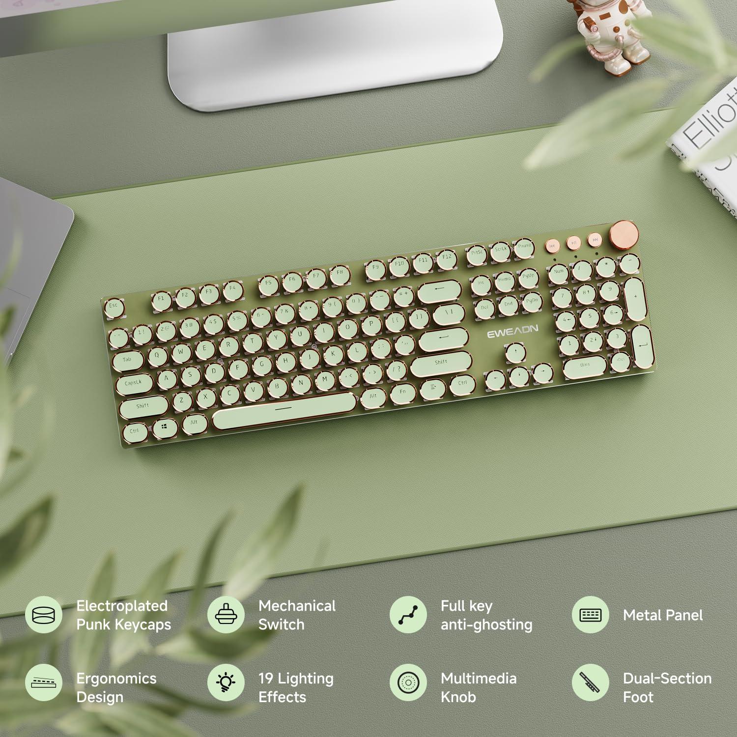 EWEADN Typewriter Style Mechanical Gaming Keyboard, Wired Mechanical Keyboards,104 Keys Backlit LED Keyboards, Media Control Knob, Wired Computer Keyboard Pink Switch for Windows/Mac/PC-Green - Image 2