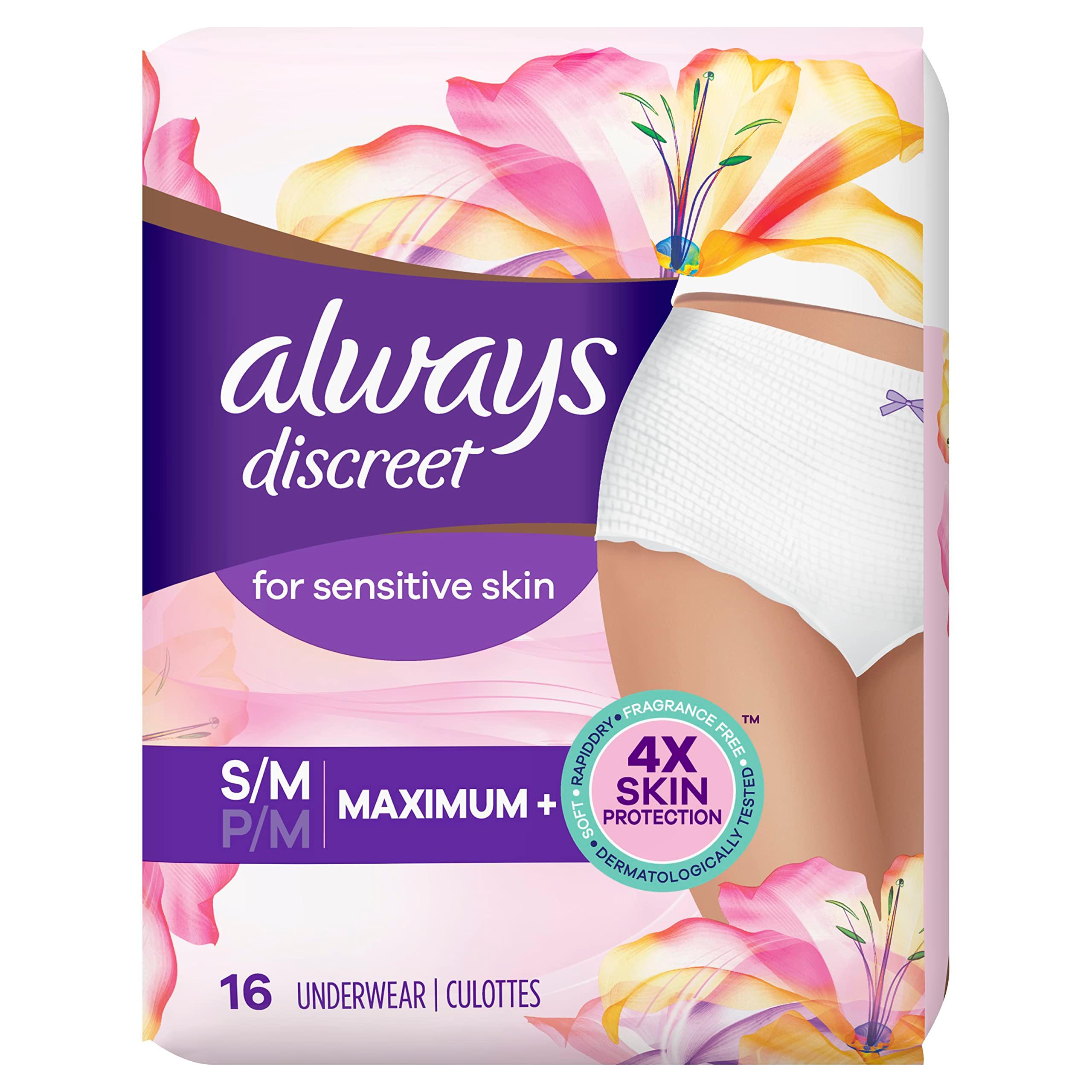 Always Discreet for Sensitive Skin Maximum Plus Underwear White 16 Count (Pack of 1)