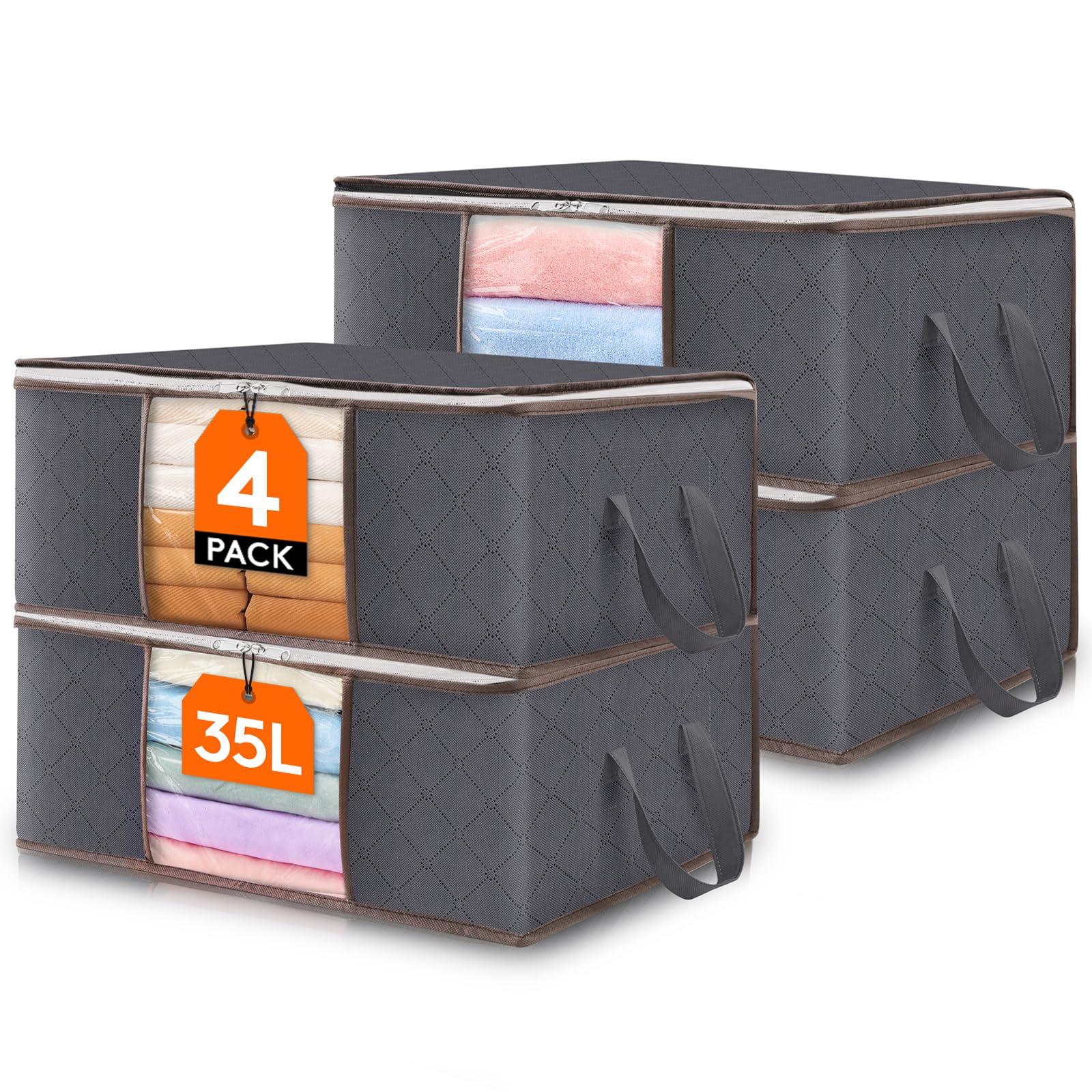 Lifewit 4 Pack Clothes Storage Bag, Foldable Storage Bin Closet Organizer with Reinforced Handle, Sturdy Fabric Blanket Storage with Clear Window, Storage Containers for Clothing, Bedding, Gray
