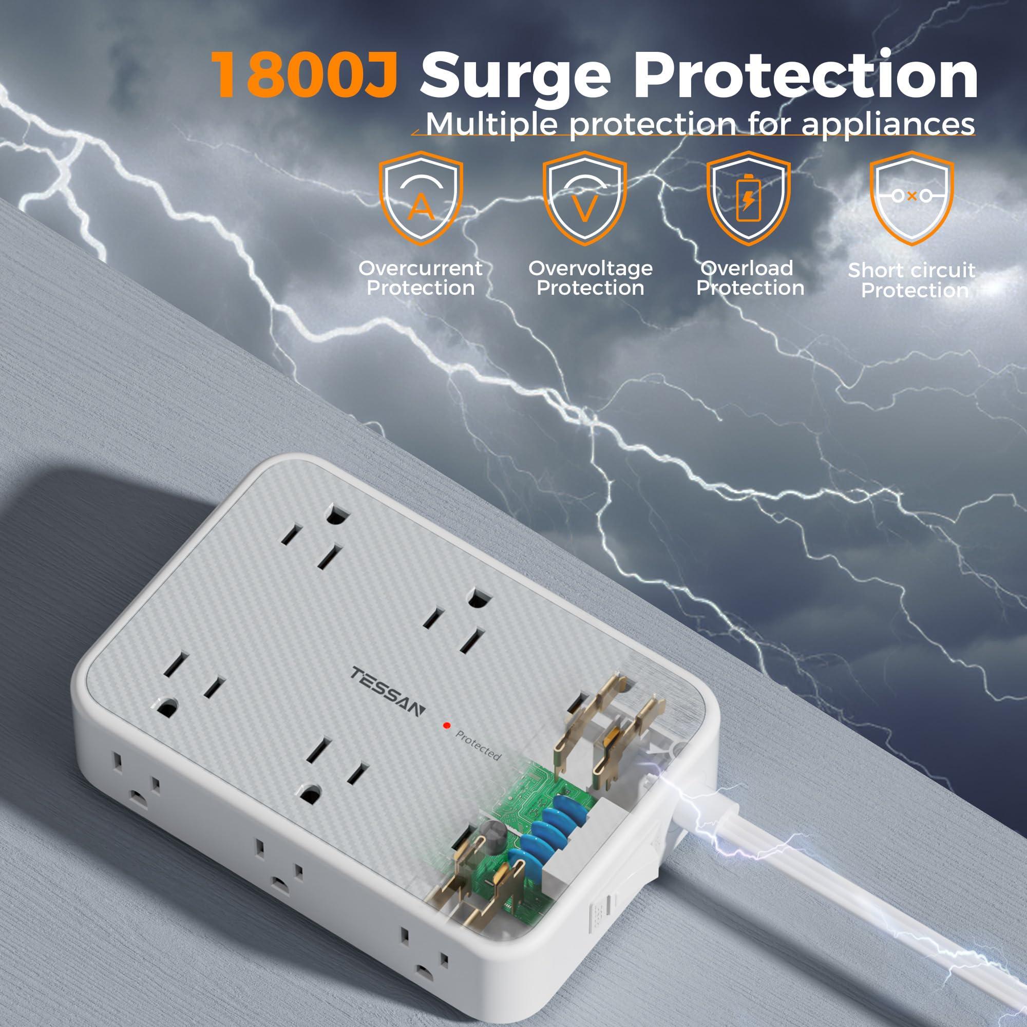 TESSAN Extension Cord 10 ft Surge Protector Power Strip, 12 Outlet Extender with 4 USB (2 USB C), 1800 Joules Protection, Flat Plug, Flat Extension Cord with Multiple Outlets, for Home, Office, Dorm - Image 5
