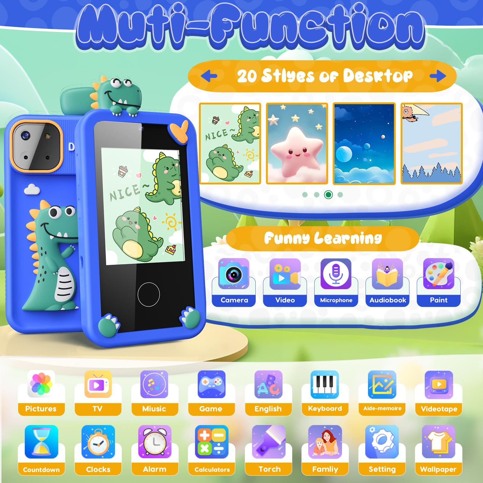 Luyiilo Kids Smart Phone Toys for Boys,Dinosaurs Gift Toys for Boys Ages 3-9 Christmas Birthday Gifts Mini Smart Phone Toys With 2.8" Touchscreen 16 Learning Games Dual Camera Music Player, 8G SD Card - Image 2