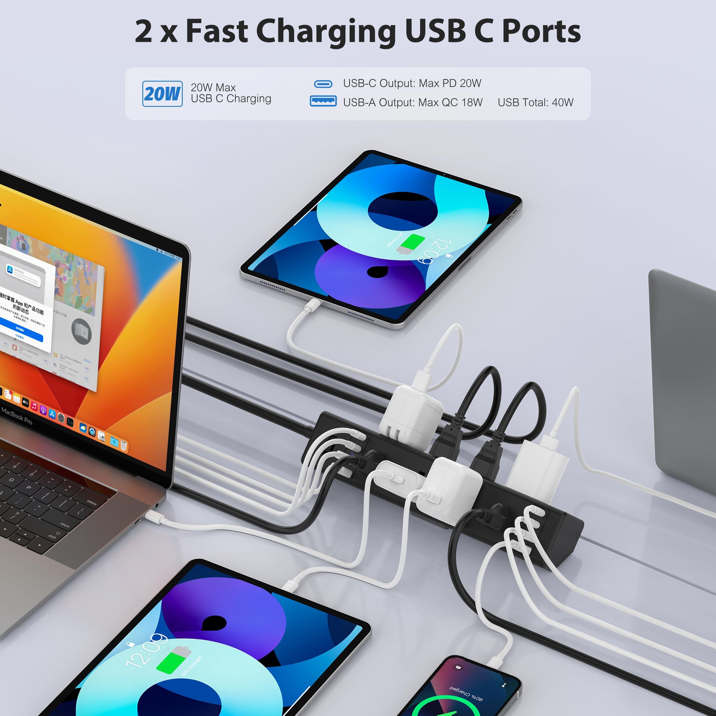 40W Fast Charging Station,Desk Clamp Power Strip 20W USB C,8 Outlets,8 USB Ports,4 USB C and 4 USB A, Office Furniture Surge Protector, 14AWG Cord, Fits 1.9" Tabletop Edge (Black, 10FT Length) - Image 4