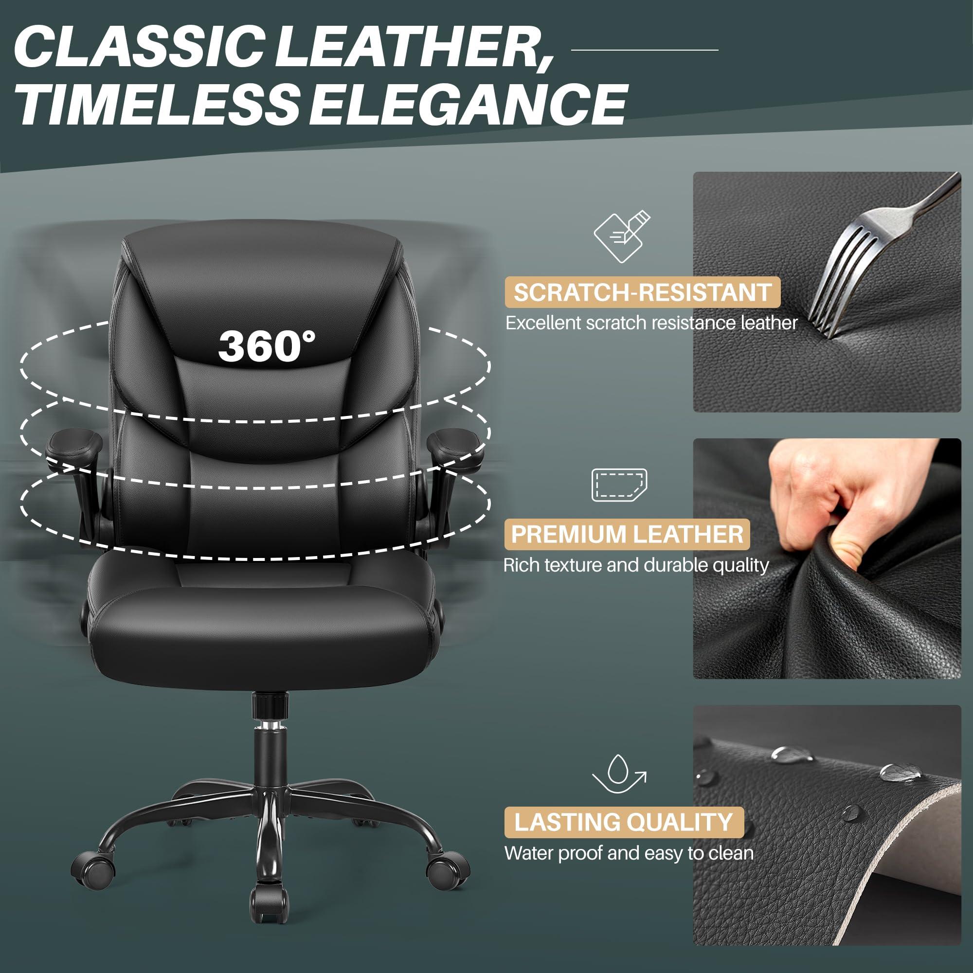 FelixKing Leather Office Chair - Small PU Ergonomic Desk Chair, Comfy Computer Chair with Wheels and Flip-up Armrests, Adjustable Height Mid Back Executive Office Chair for Short People-Black - Image 8