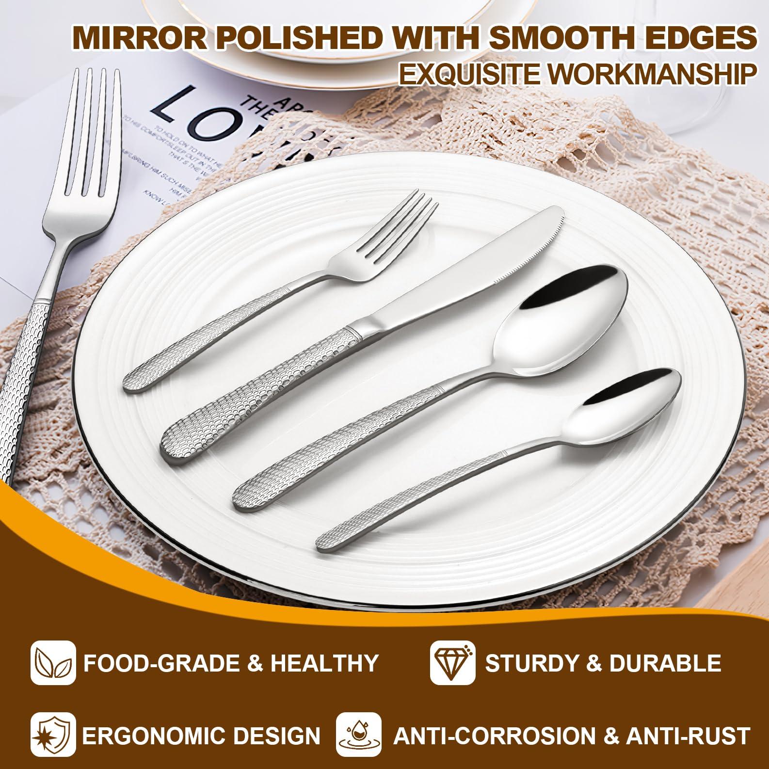 40-Piece Hammered Silverware Set, Deedro Stainless Steel Heavy Duty Flatware Set for 8, Food-Grade Tableware Cutlery Set, Utensil Sets for Home Restaurant, Mirror Finish, Dishwasher Safe - Image 4