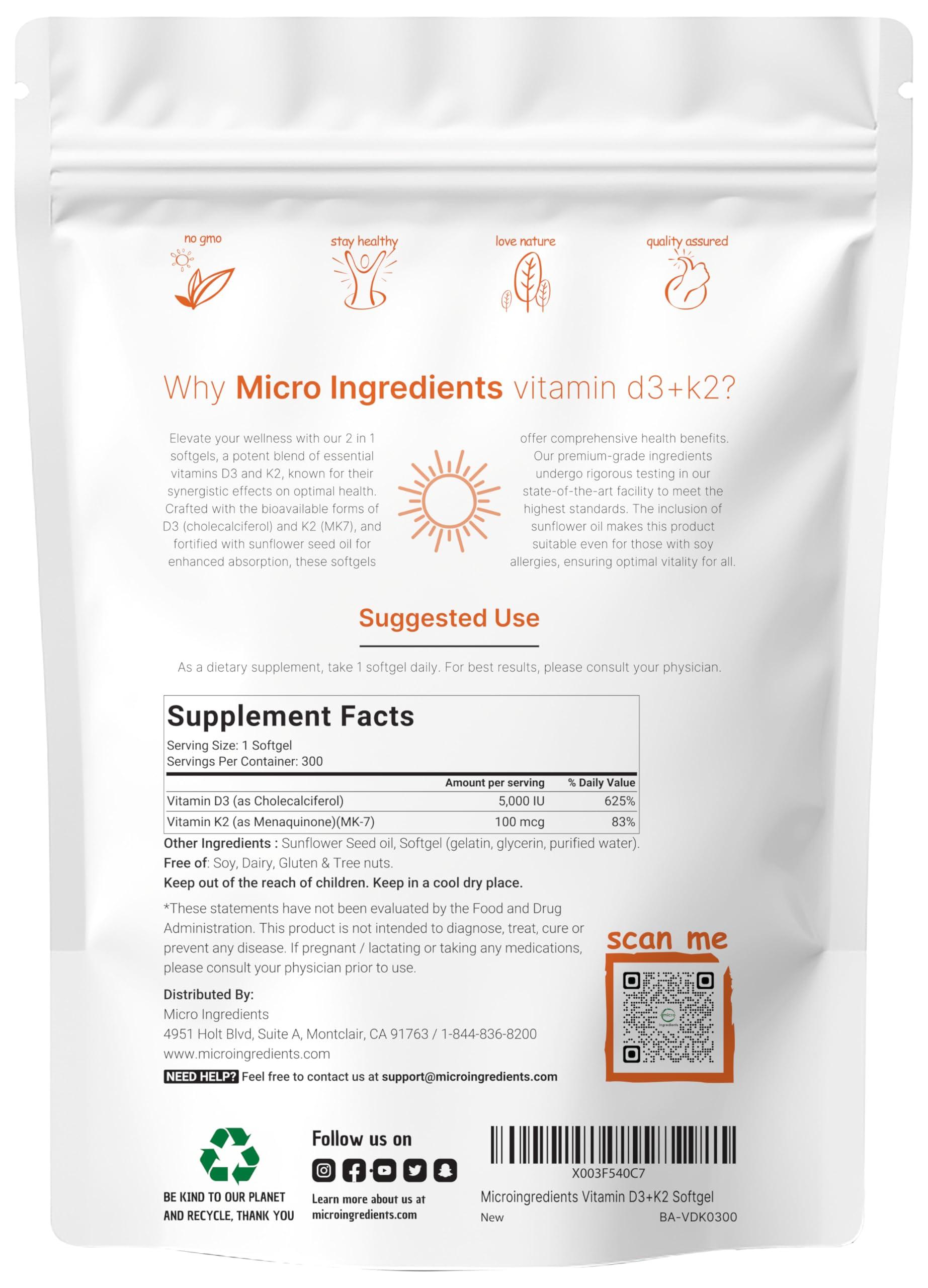 Micro Ingredients Vitamin D3 5000 IU with K2 MK-7 100 mcg, 300 Softgels, 2-in-1 Immune, Heart, Joint, Teeth & Bone Health Support, Easy to Swallow - Image 2