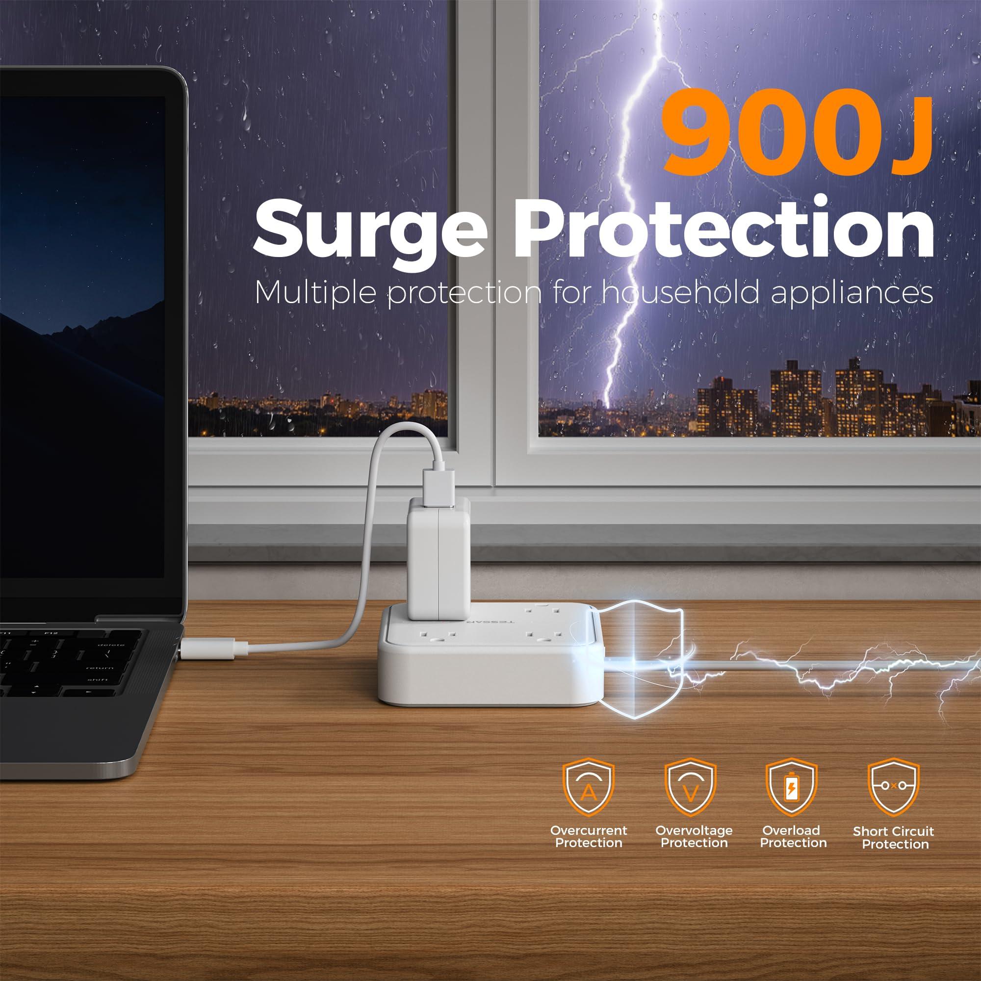 Surge Protector Flat Extension Cord 5FT, TESSAN Flat Plug Power Strip with 4 Outlets 3 USB C Ports (1 USB C), 900 Joules Protection, Multiple Wall Outlet Extender Suitable for Home Office Dorm, White - Image 2