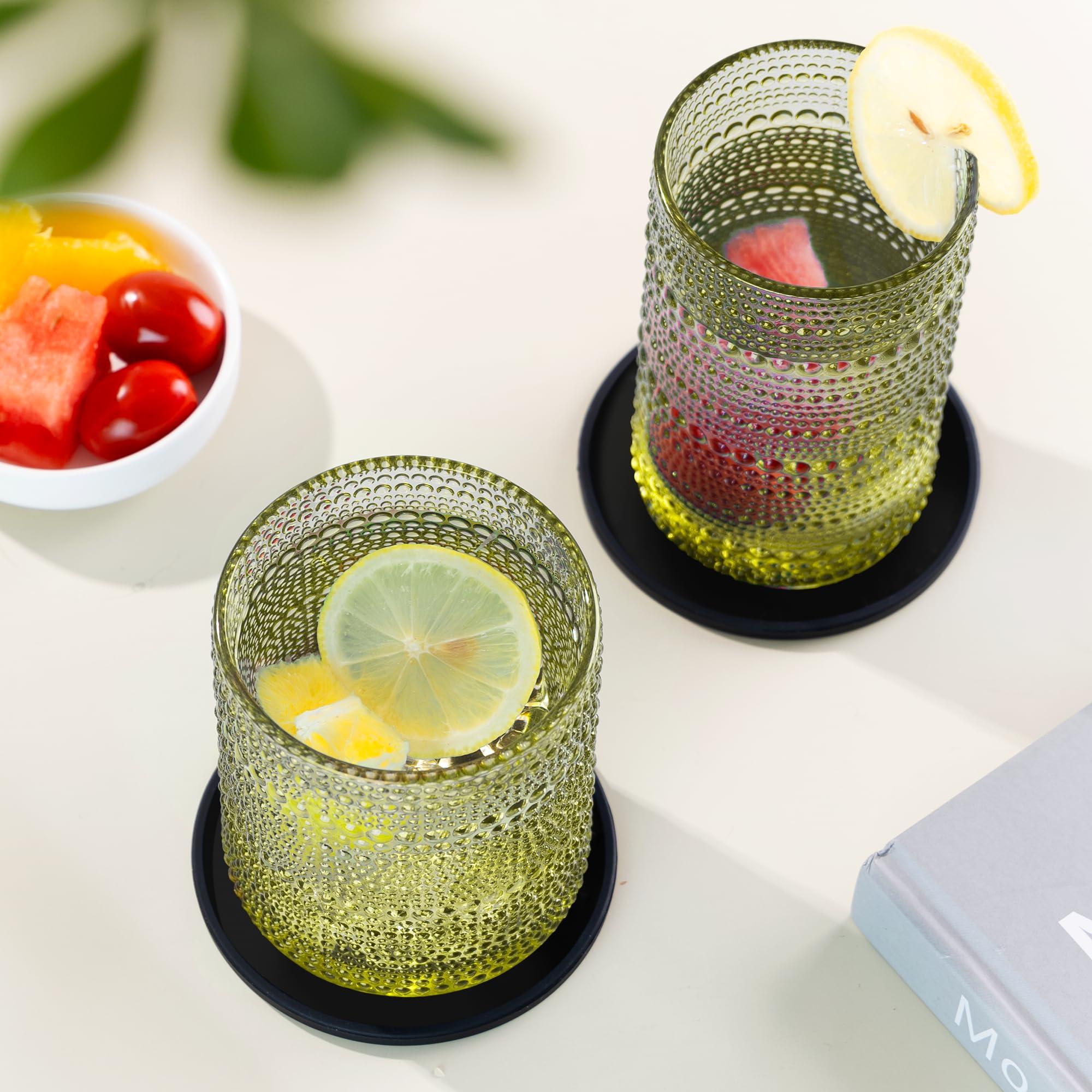 DmmyAlzx Hobnail Drinking Glasses Set of 12 Count, Vintage Glassware, Old Fashioned Glasses, 6 Highball Bubble Drinking Cups 15 oz, 6 Rocks Cups 14.5 oz with 12 Silicone Coasters, Green - Image 2