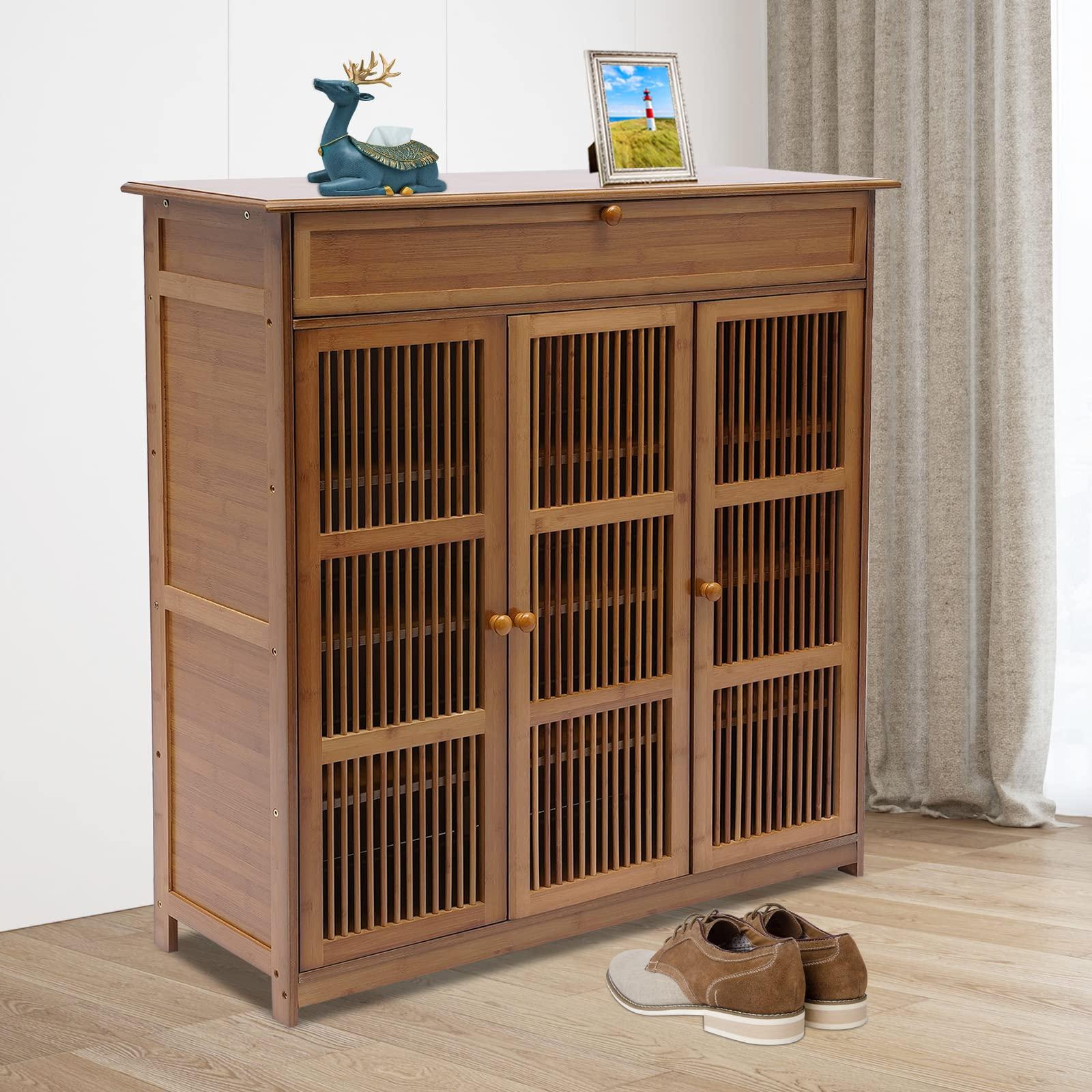 GUDBYWXB 39" Bamboo Shoe Cabinet with Drawer 3-Doors Shoe Cabinet High Heels Storage Rack, for Bathroom, Living Room, Kitchen, Entrance, Etc - Image 9