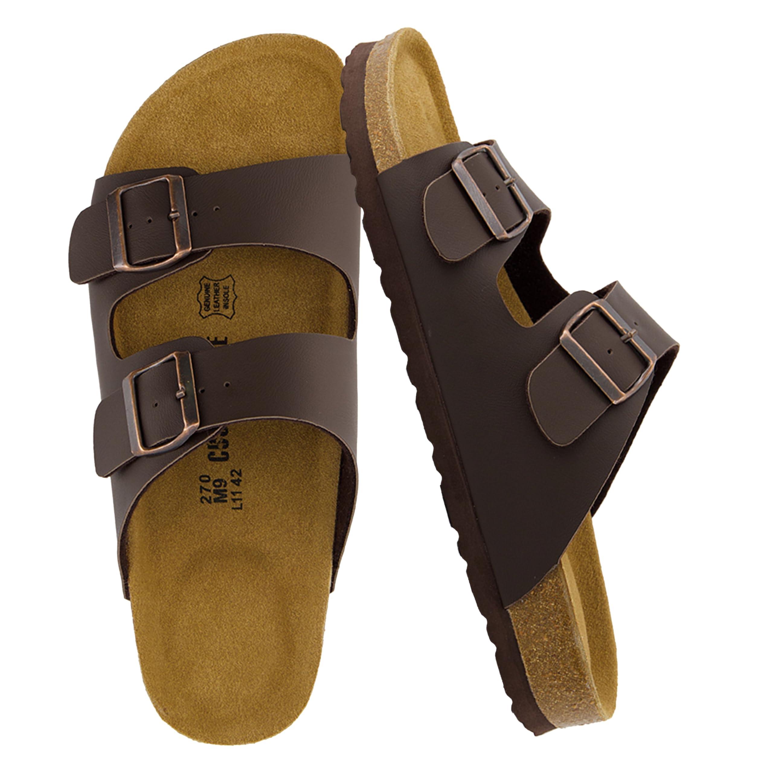 CUSHIONAIRE Lane Cork Footbed Mens Sandals, Adjustable Buckle Comfort Slides for Men, Genuine Leather Insole Summer Sandals Men Footwear
