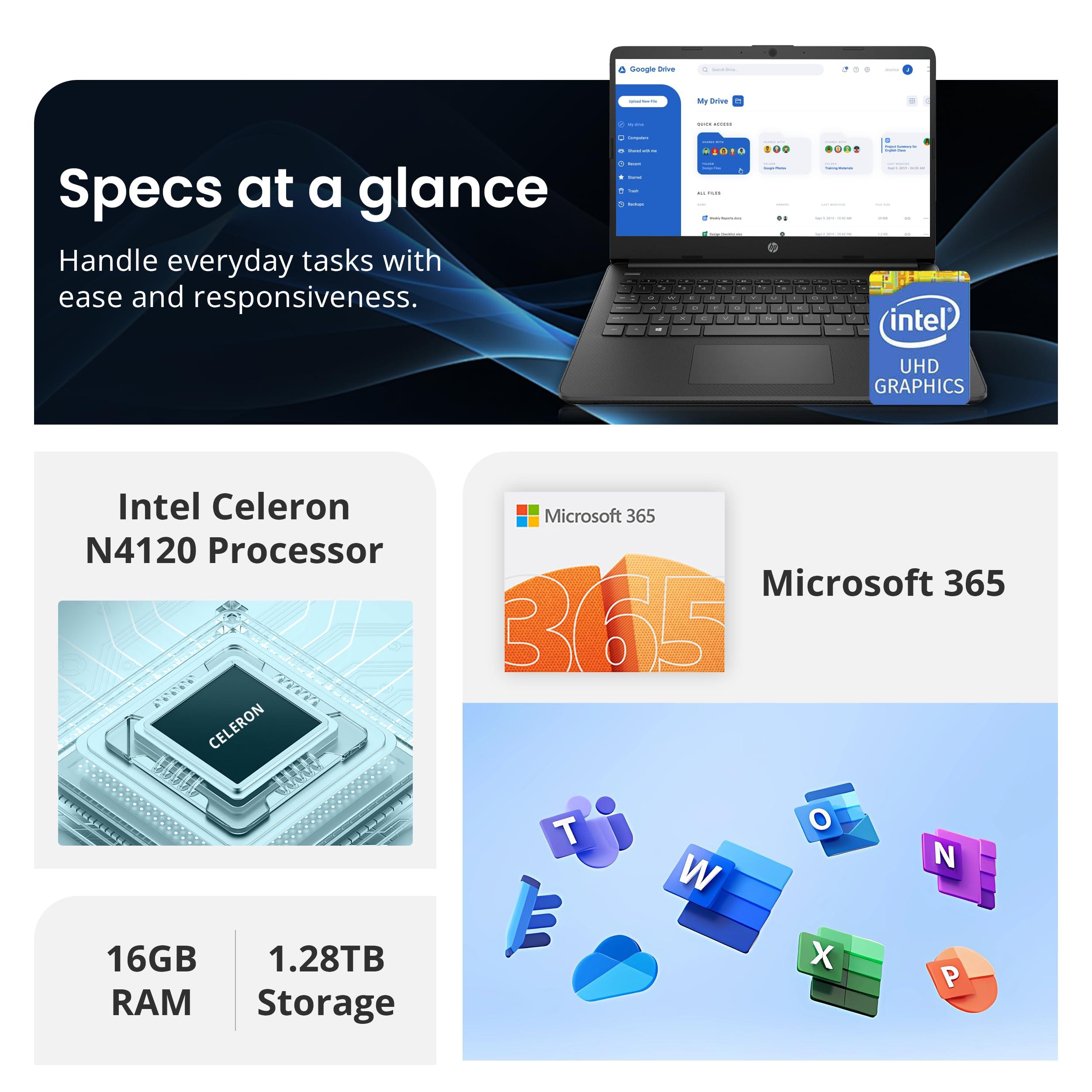HP Flagship 14" HD Laptop with 1 Year Office 365 | 16GB RAM | 1.28TB Storage(128GB EMMC & 160GB Docking Station Set & 1TB Cloud Storage) | Intel 4-Core Processor | Webcam | Wi-Fi | Windows 11 | Black - Image 3