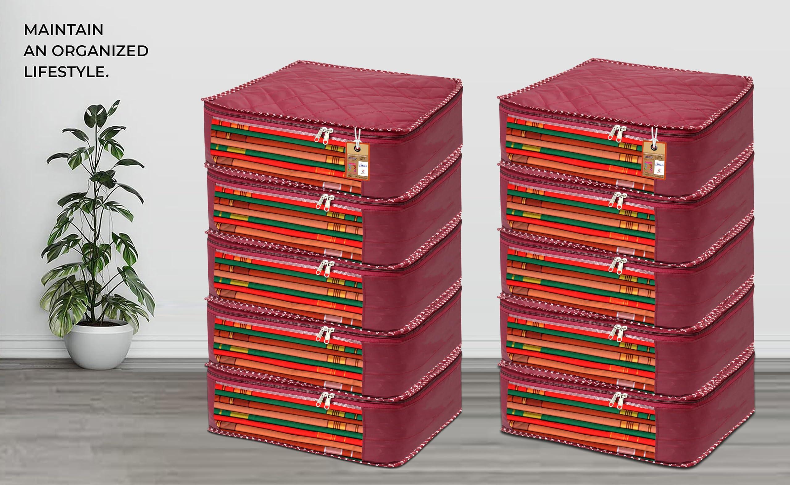 atorakushon Pack of 8 Fabric Foldable Saree Garments Covers Closet Organizer Clothing Storage Bags with Clear Window Sturdy Zipper Maroon - Image 4