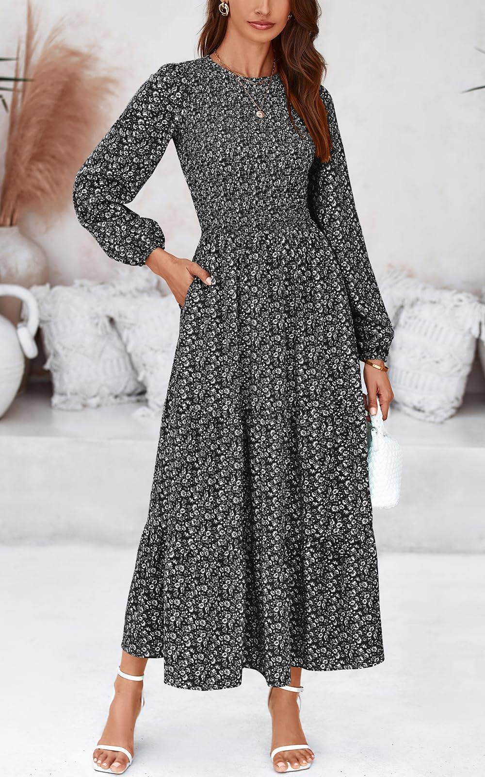 PRETTYGARDEN Women's Spring Dresses 2025 Long Sleeve Flowy Casual Floral Maxi Dress Crew Neck Smocked Tiered Long Dress - Image 3