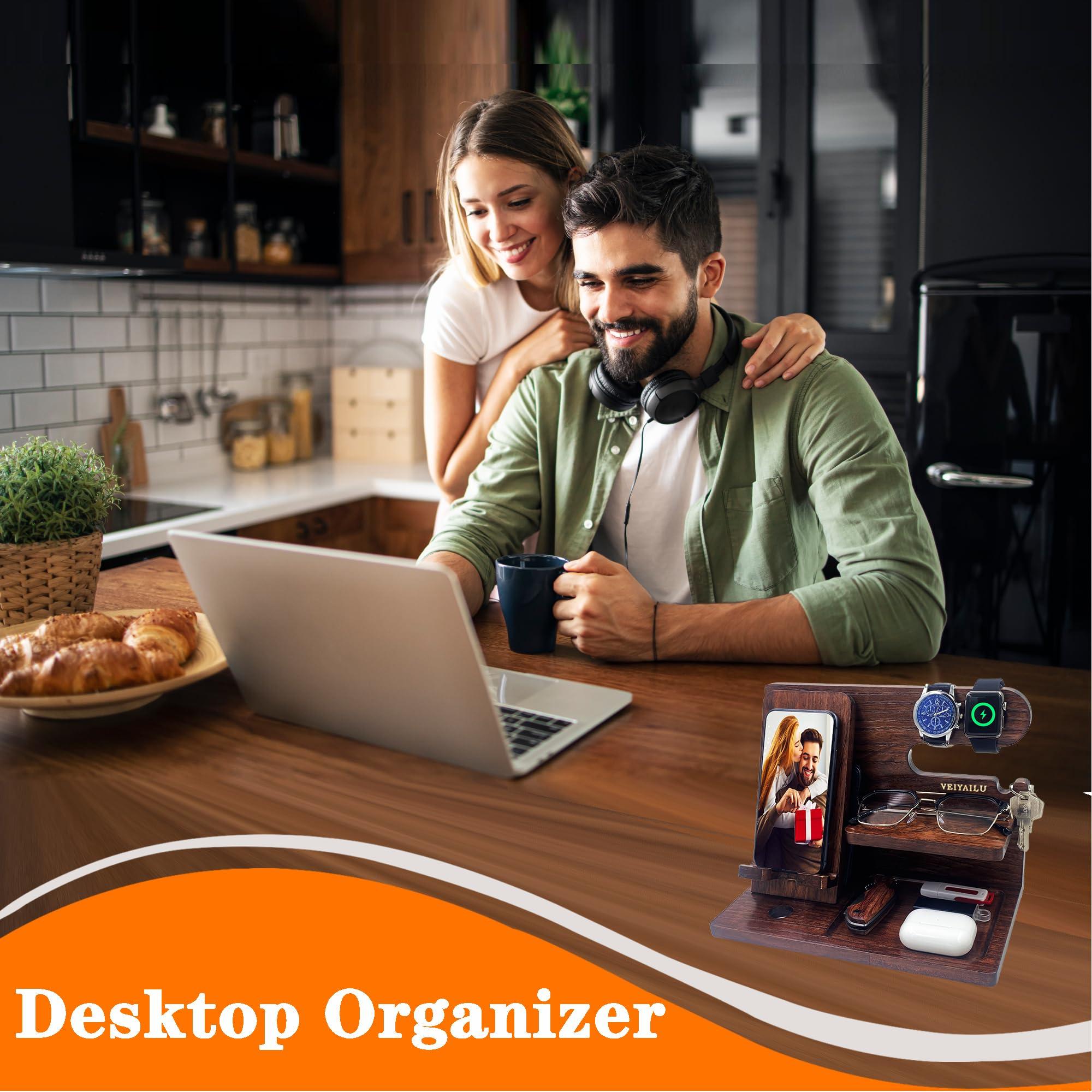 VEIYAILU Gifts for Men Women Brother Boss Boyfriend Him Nightstand Organizer Gifts for Dad from Daughter Son Wood Phone Docking Station (Dark Brown) - Image 2
