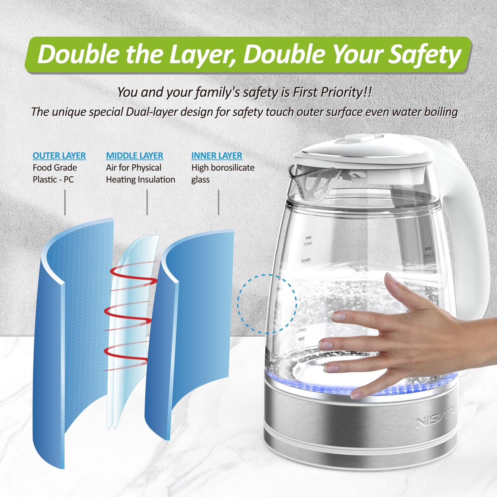 NISVITU, Double Glass Stainless Steel Cordless Electric kettle for boiling water, Hot water boiler Electric Tea Kettle automatic shut off Boil-Dry Protection Anti-Scald 1.7L 1500W, White - Image 3