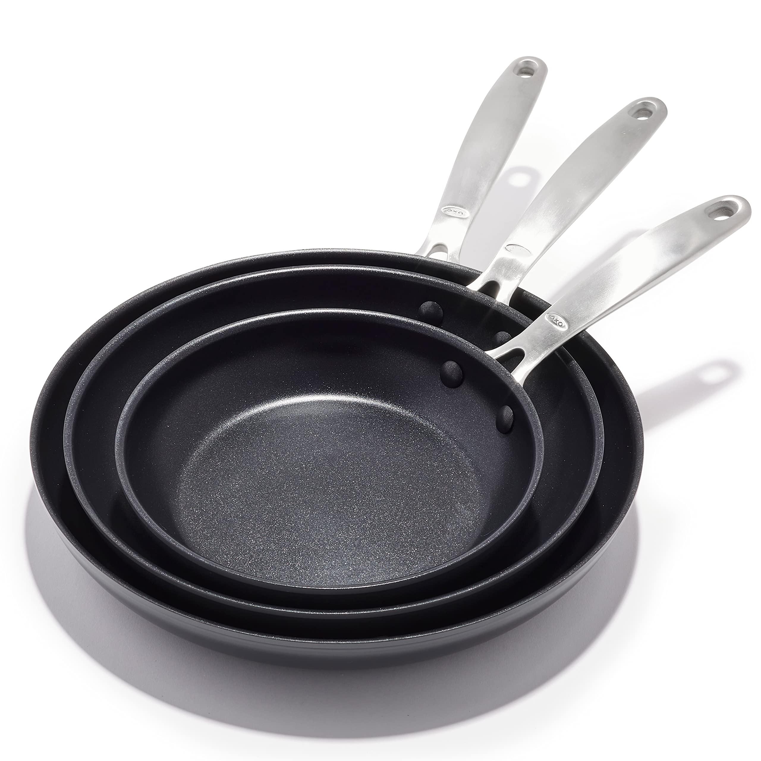 OXO 3 Piece Nonstick Frying Pan Skillet Set,  8" 10" and 12" Ceramic PFAS-Free Cookware, Stainless Steel Handle, Dishwasher Safe, Oven Safe, Black