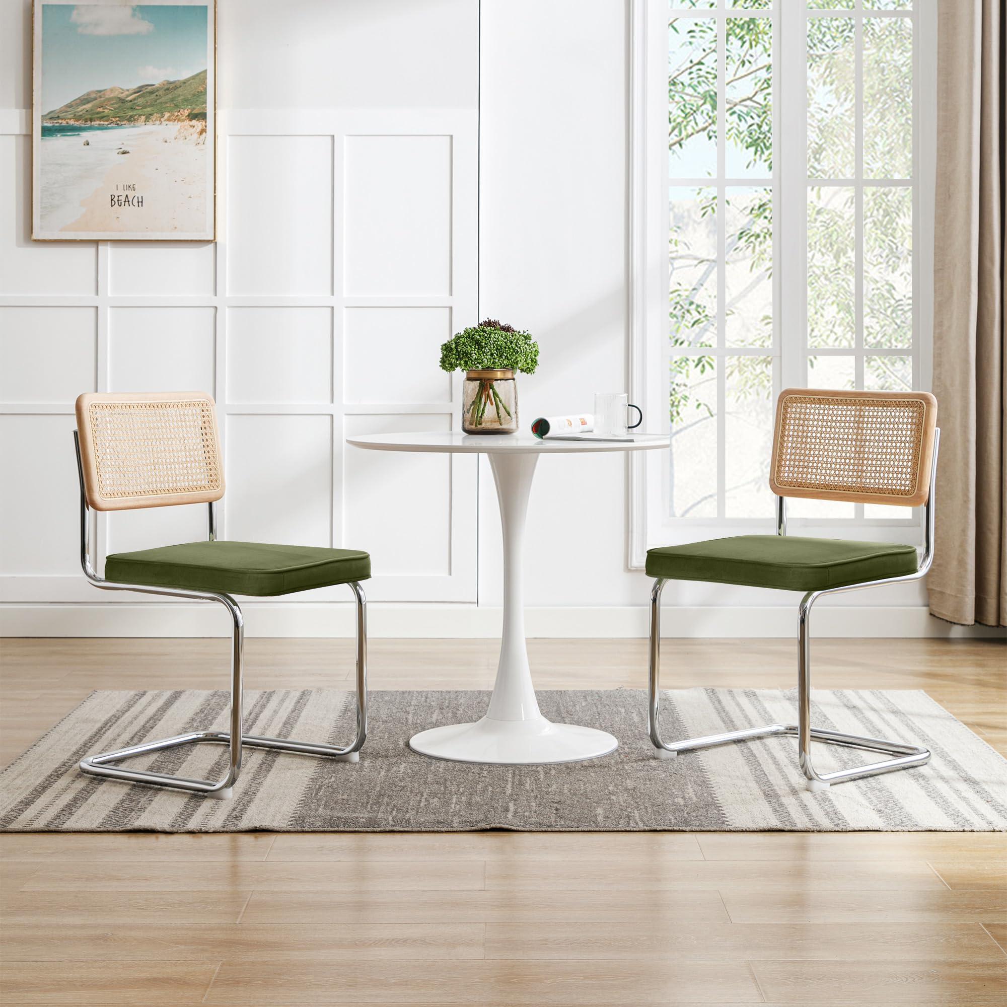 Zesthouse Natural Rattan Dining Chairs Set of 2, Modern Boho Kitchen Chairs with Solid Wood Back & Chrome Base, Mid Century Breuer Design Inspired, Upholstered Velvet Fabric, Green - Image 8