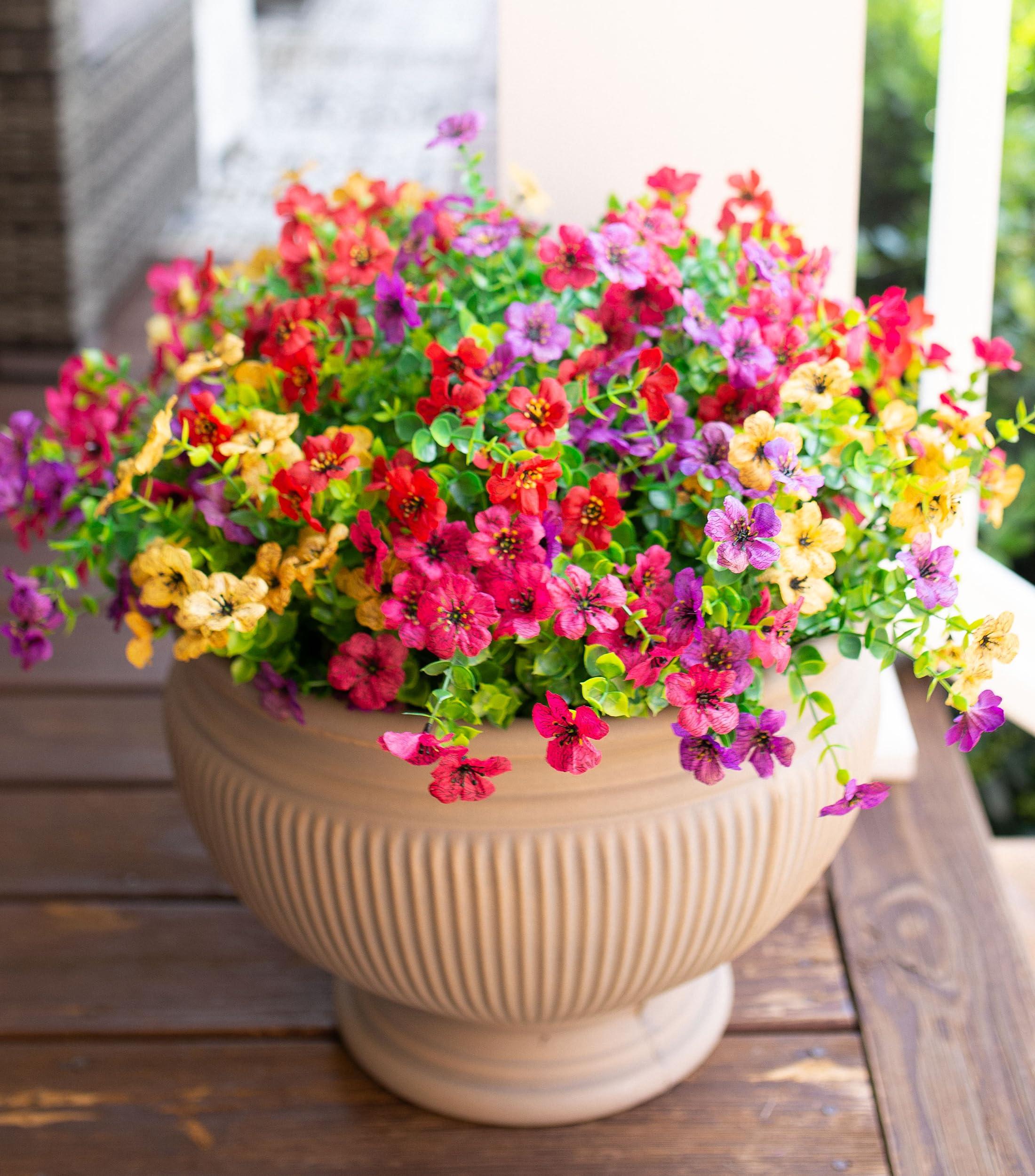 HyeFlora Artificial Flowers for Outdoor Indoor Garden Home Decoration, Faux Flower Daisy with Eucalyptus Leaves Fake Plants Greenery Boxwood Porch Patio, 12 Bundles (Mix Pink Red Purple Yellow)