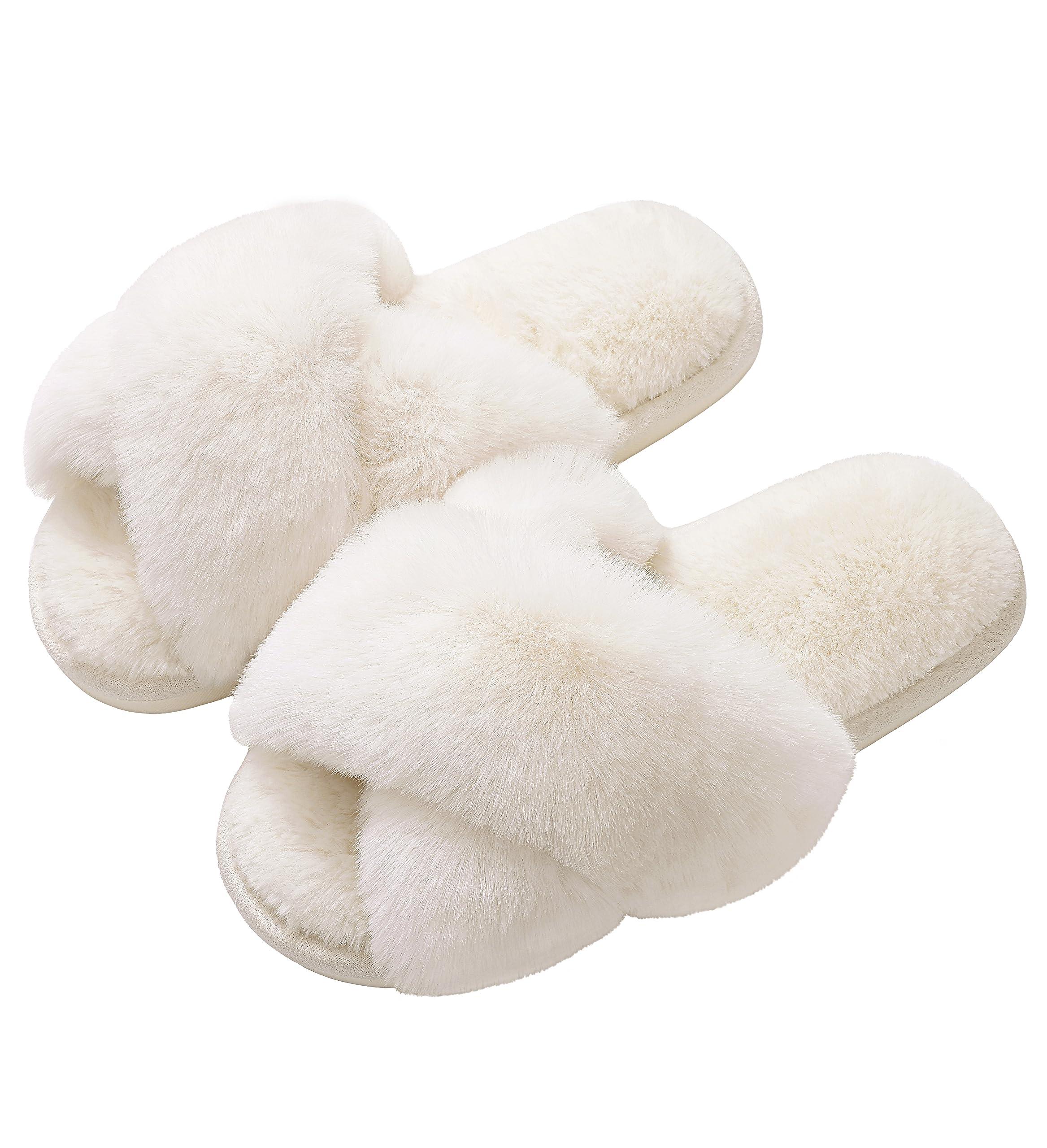 Evshine Women's Fuzzy Slippers Cross Band Memory Foam House Slippers Open Toe