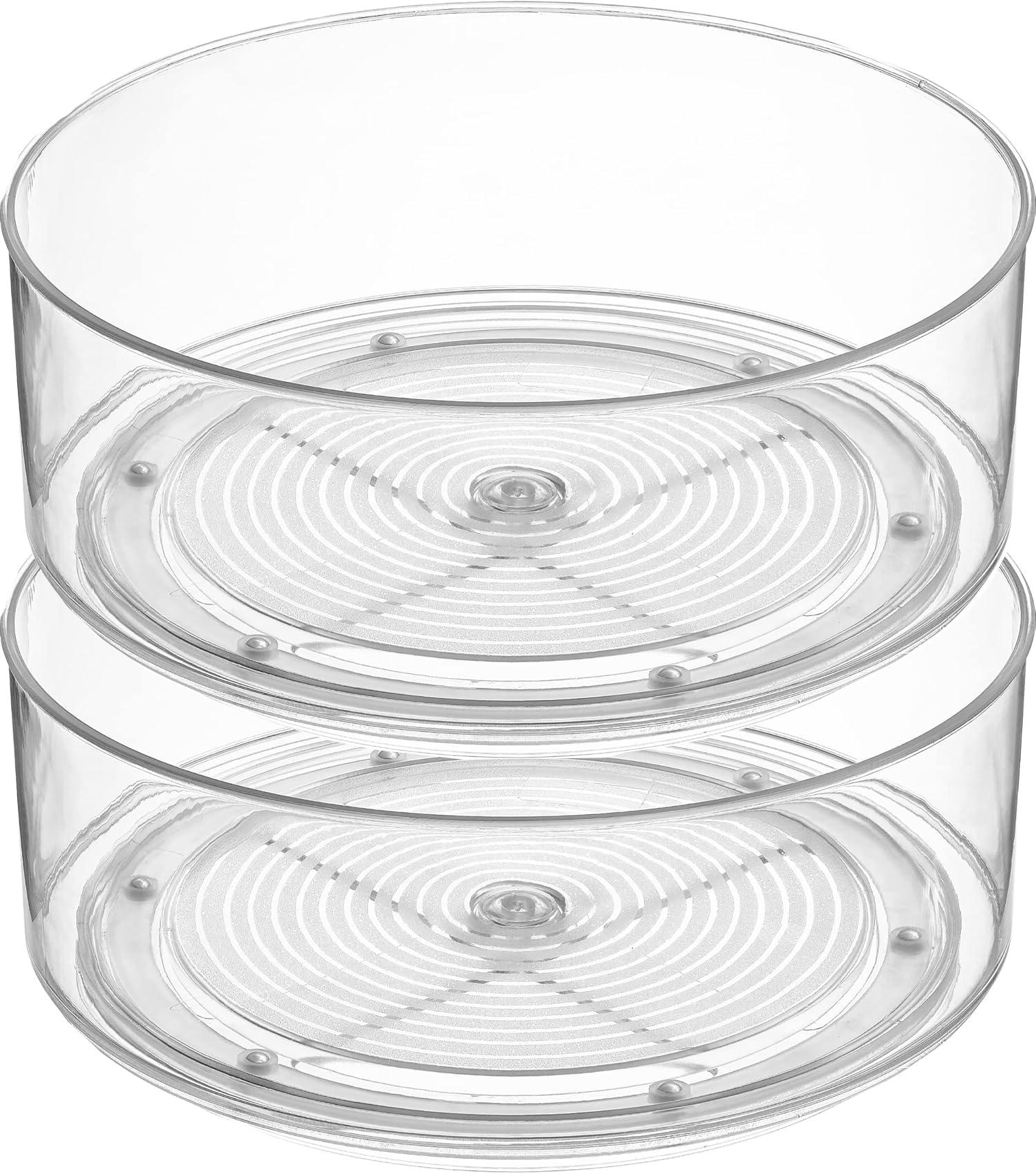 Home Intuition Round Plastic Clear Lazy Susan Turntable Food Storage Container for Kitchen (9" Round, 2 Pack)