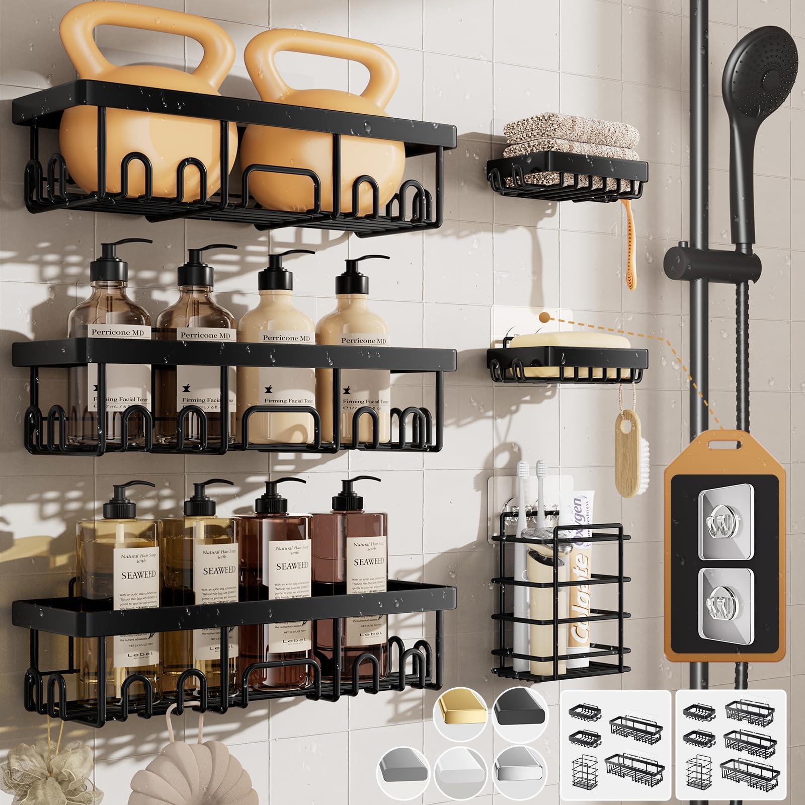 Veken Rustproof & Waterproof Shower Caddy 6-Pack, No Drilling Adhesive Shelves Rack with Soap Holder, Large Capacity Bathroom Organizers and Storage, Wall-Mounted Kitchen & Home Decor