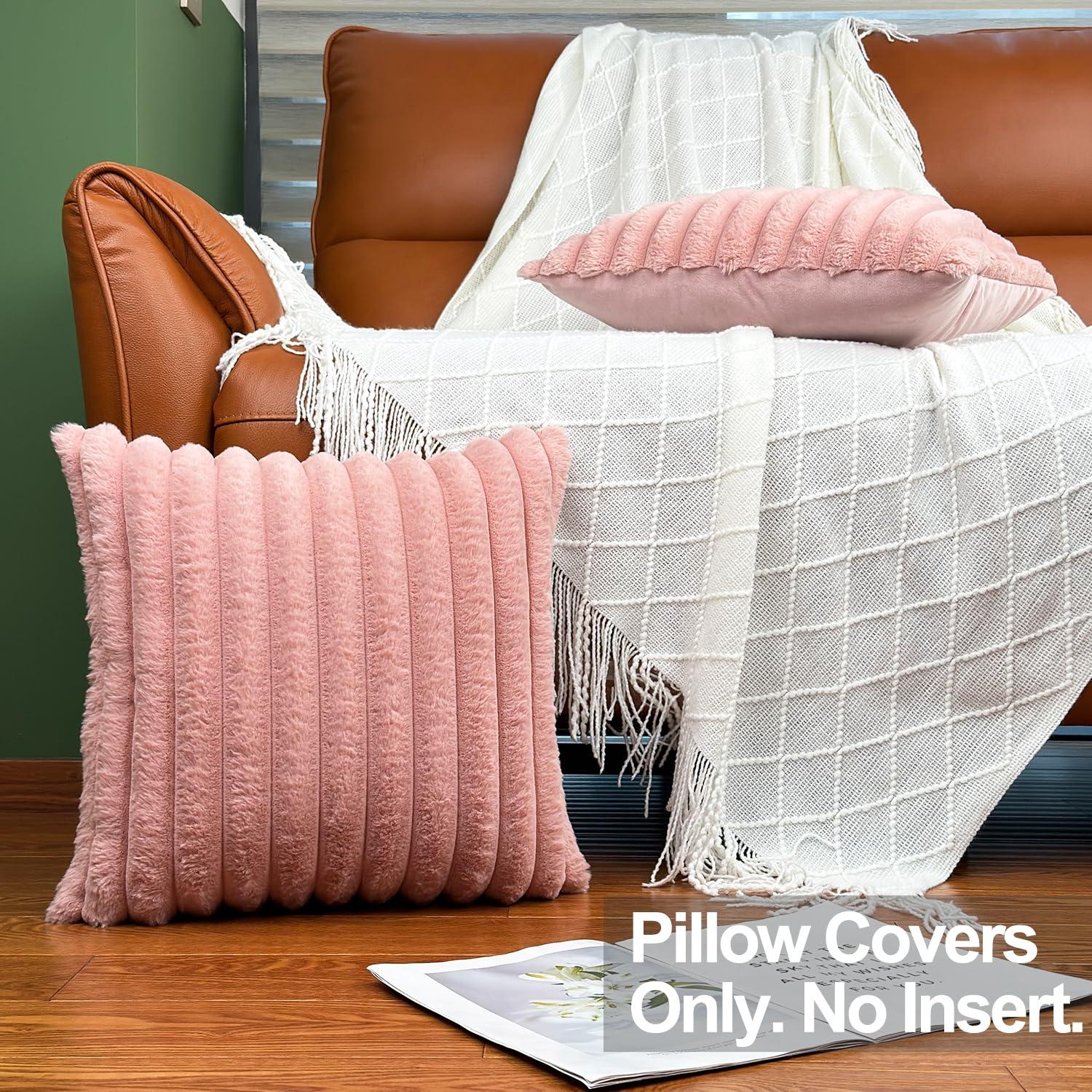 18x18 Throw Pillow Covers Set of 2, Decorative Faux Fur Covers for Bed, Couch Soft Fluffy Pillow Cover with Velvet Back for Living Room, Neutral Home Décor Accent for Sofa - Pink - Image 3