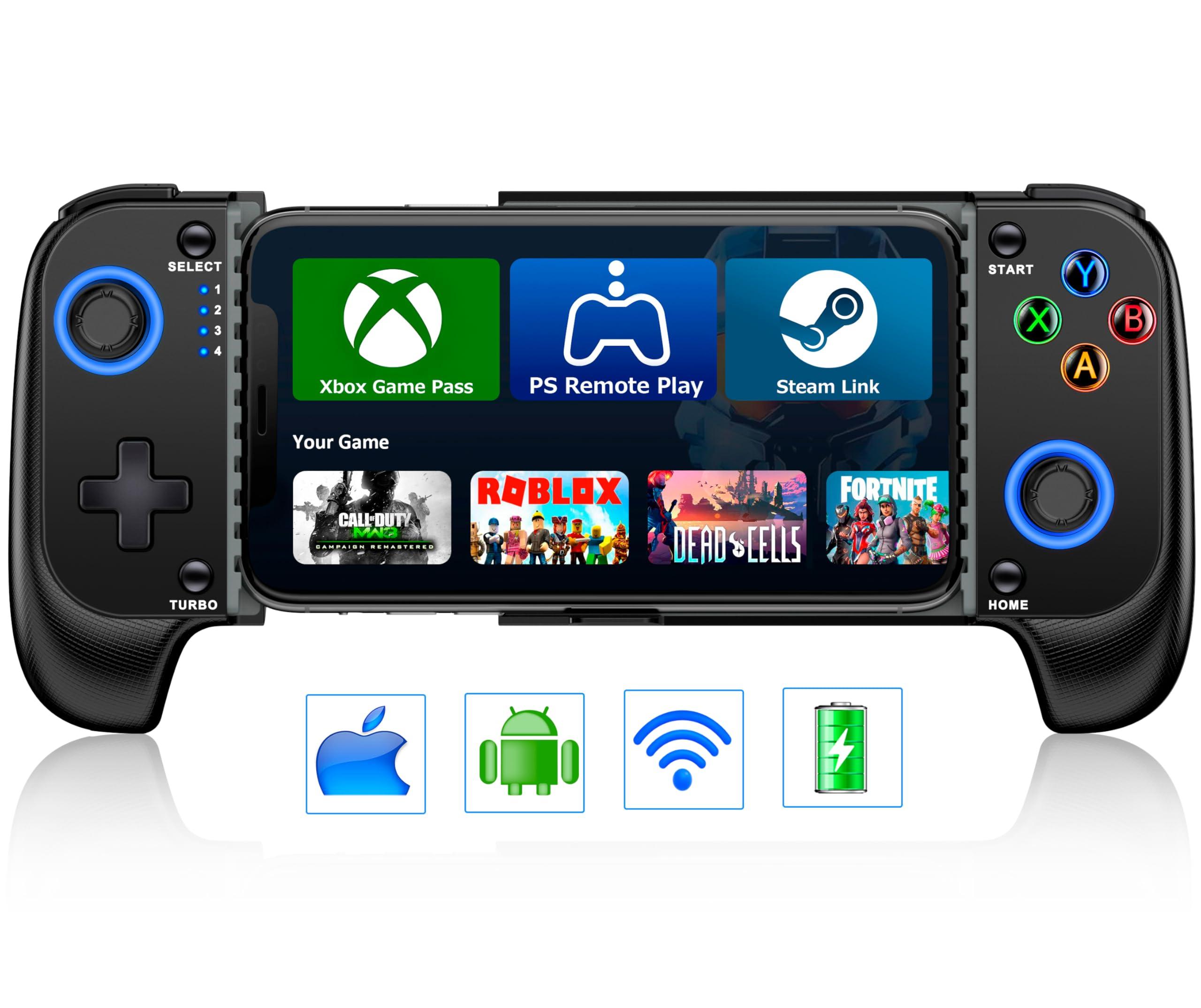 Wireless Phone Controller for iPhone/Android No Deadzone, Mobile Gaming Controller Support Xbox Game Pass, PlayStation, Steam Link, Call of Duty, Roblox, Cloud Gamepad for iOS with Dynamic LED Lights