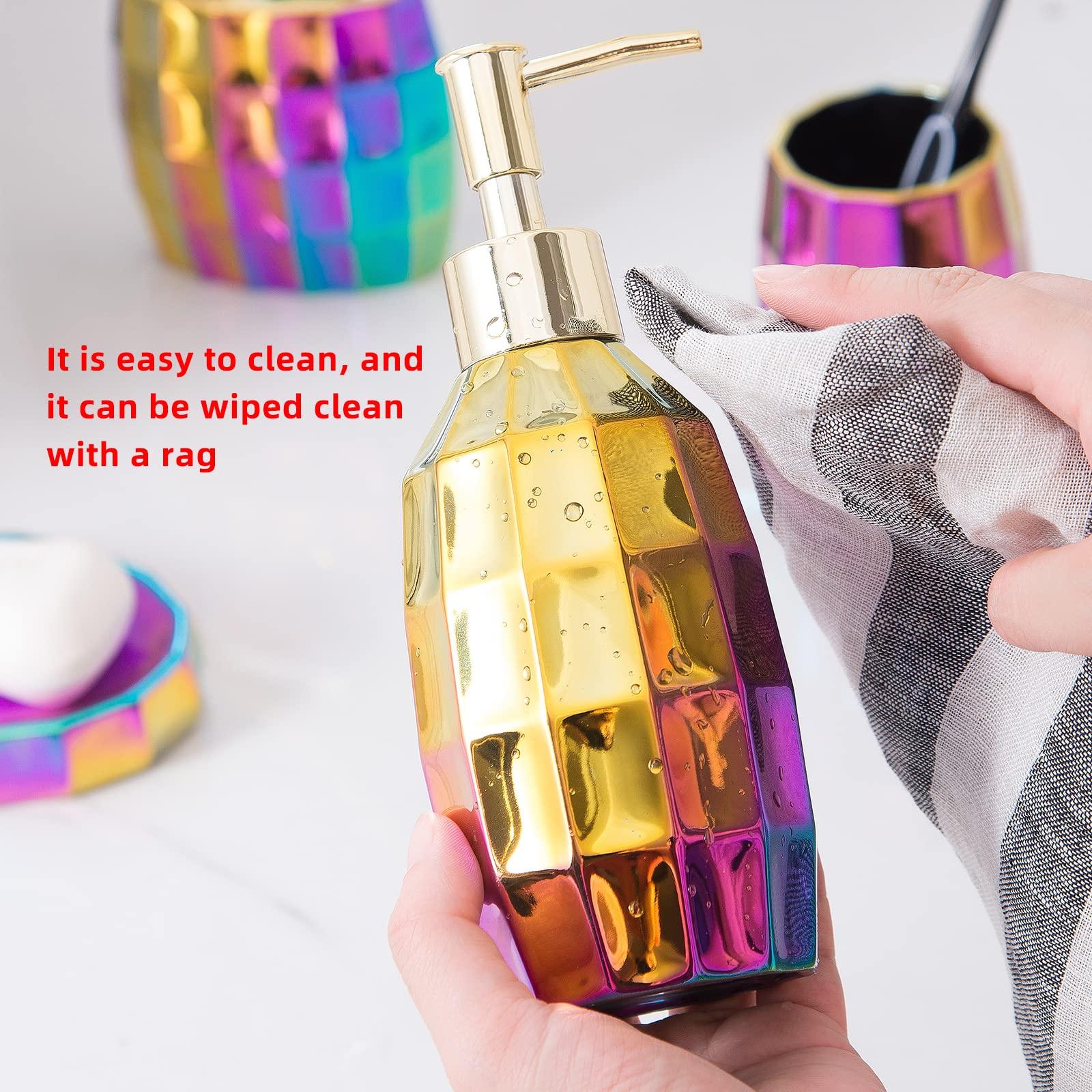 Rainbow Bathroom Accessory Set, Colorful/Gold Mosaic Ceramic Bathroom Accessories Sets Includes Lotion Dispenser, Toothbrush Holder Tumbler, and Soap Dish - Image 4