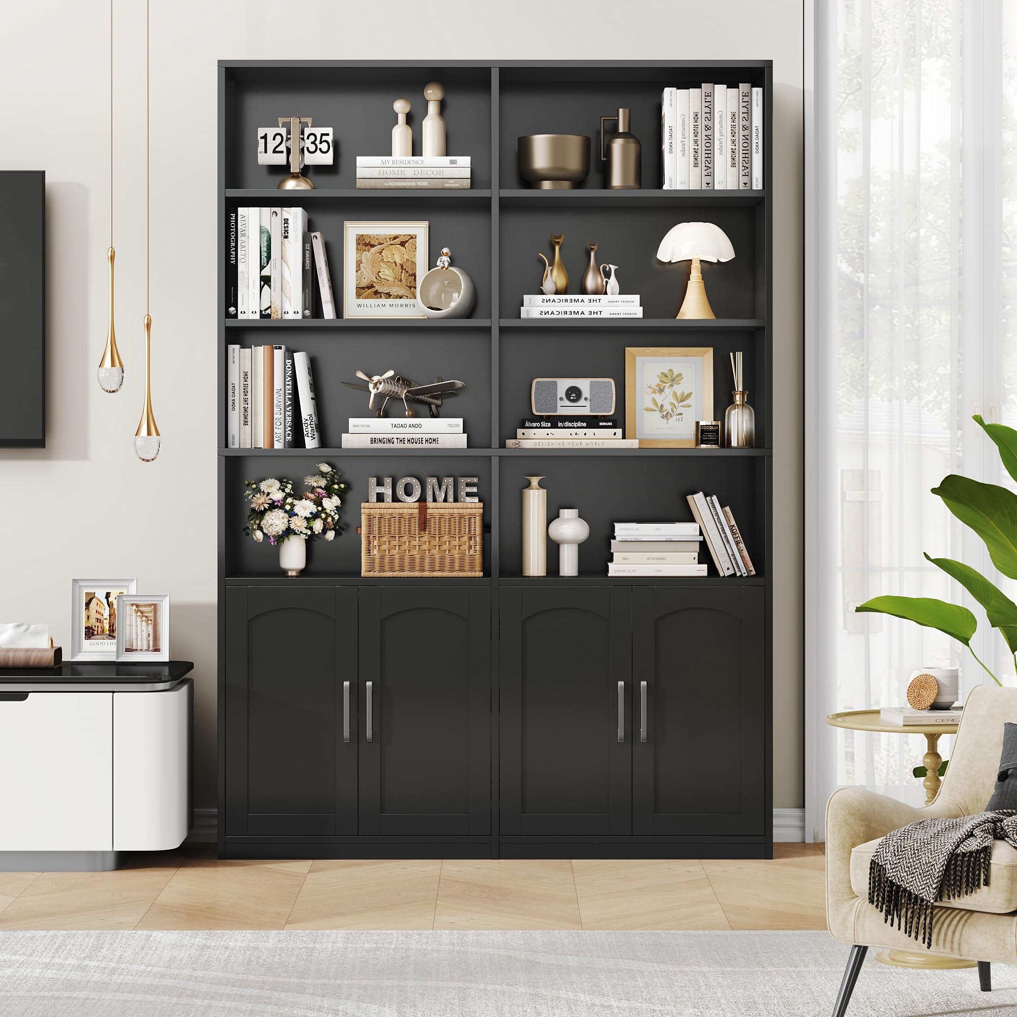FACBOTALL Bookshelf and Bookcase with Doors, 6 Tier Double Wide Large Bookshelves, Open Display Shelves, 73'' Tall Bookshelf with Storage Cabinets for Home Office, Living Room, Library, Black - Image 4