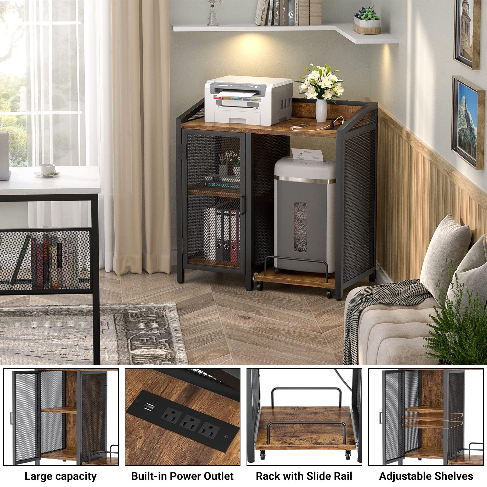 Unikito 3-Tier Lateral Office Filing Cabinets with Socket and USB Charging Port, Modern Printer Stand and Paper Shredder Stand Rack with Wheels and Open Storage Shelves for Home Office, Rustic Brown - Image 4