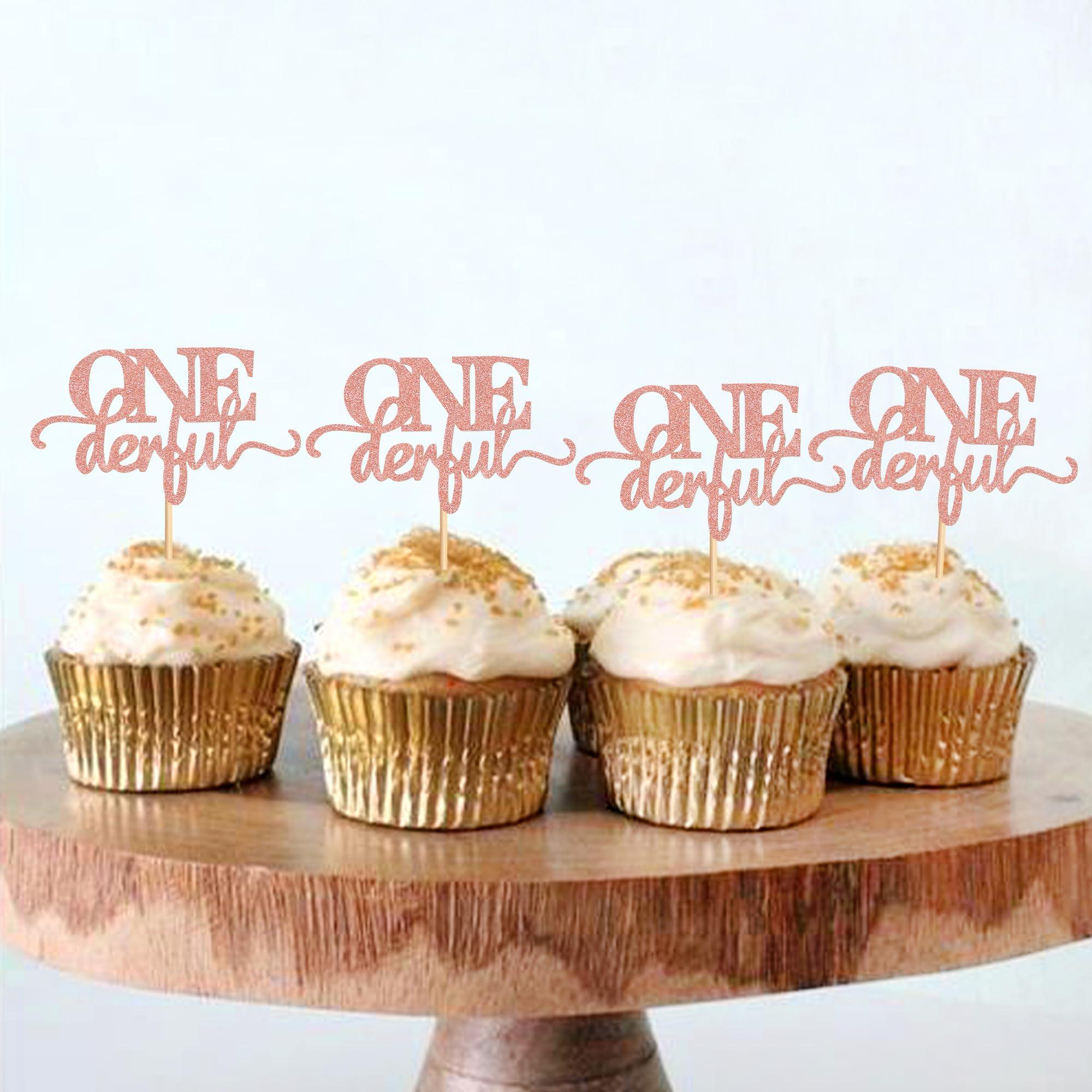 Ercadio 24 Pack Onederful Cupcake Toppers Rose Gold Glitter Onederful Cupcake Picks Onederful Cupcake Decorations for Baby Shower Kids first Birthday Theme Party Cake Decoration Supplies - Image 5